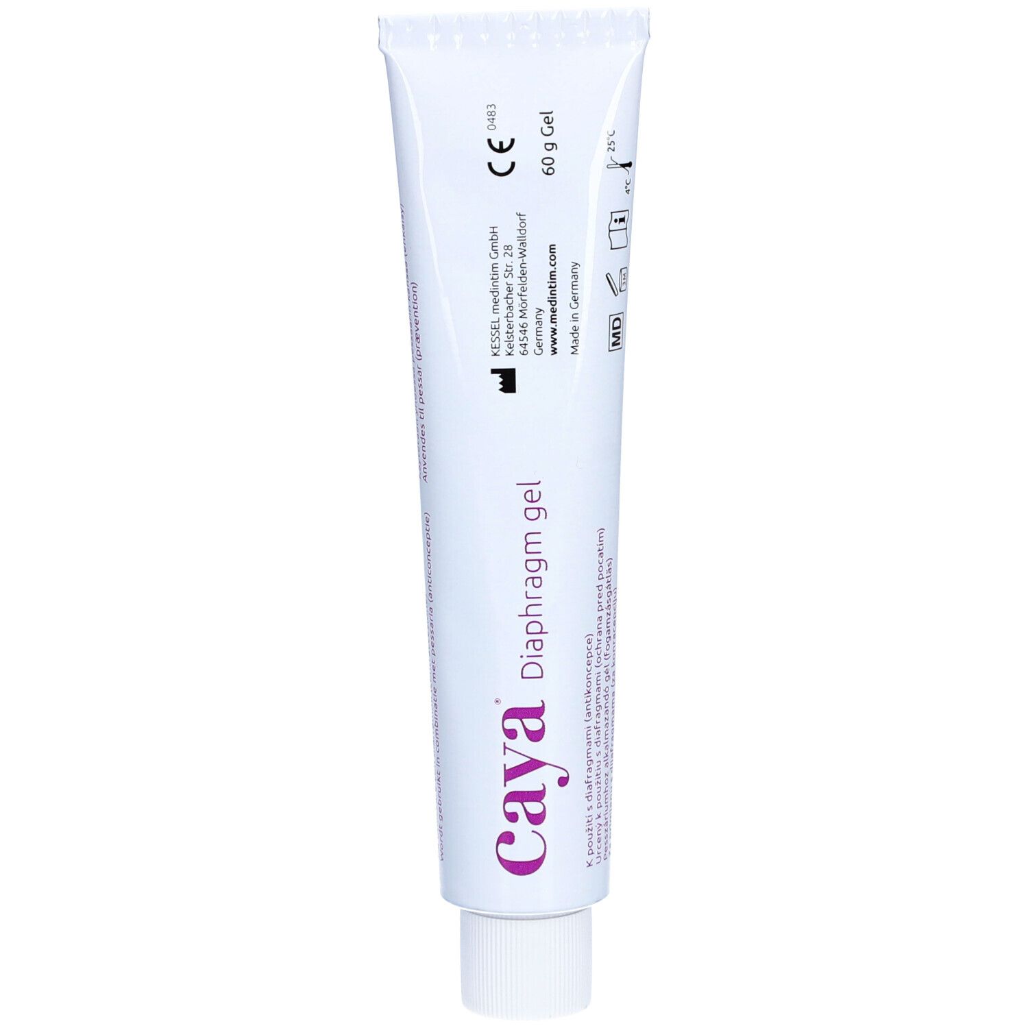 Weiße Tube mit lila Schriftzug "Caya Diaphragm gel". Aufschrift "60 g Gel".