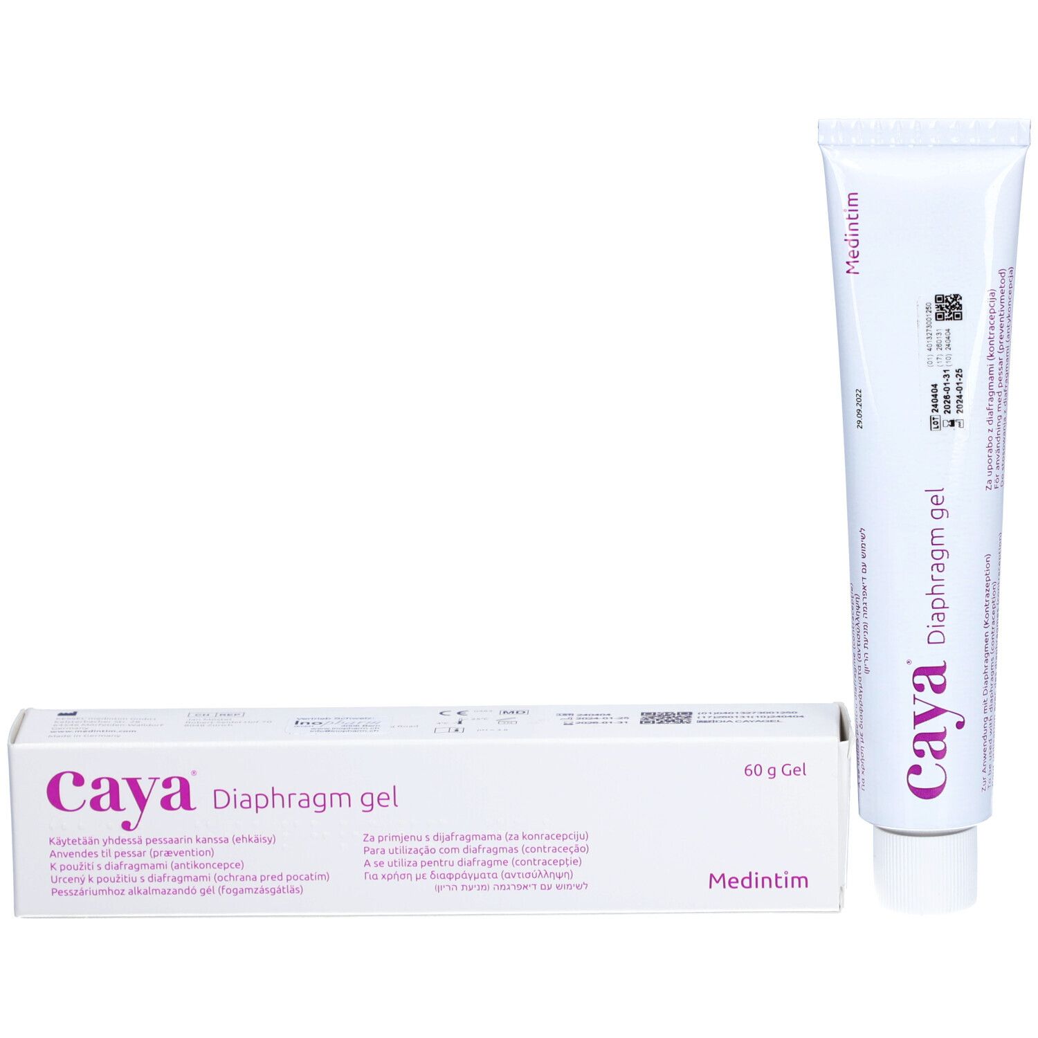 Produktverpackung und Tube. Verpackung: weiß, lila Schriftzug "Caya Diaphragm gel". Tube: weiß, lila Schriftzug.