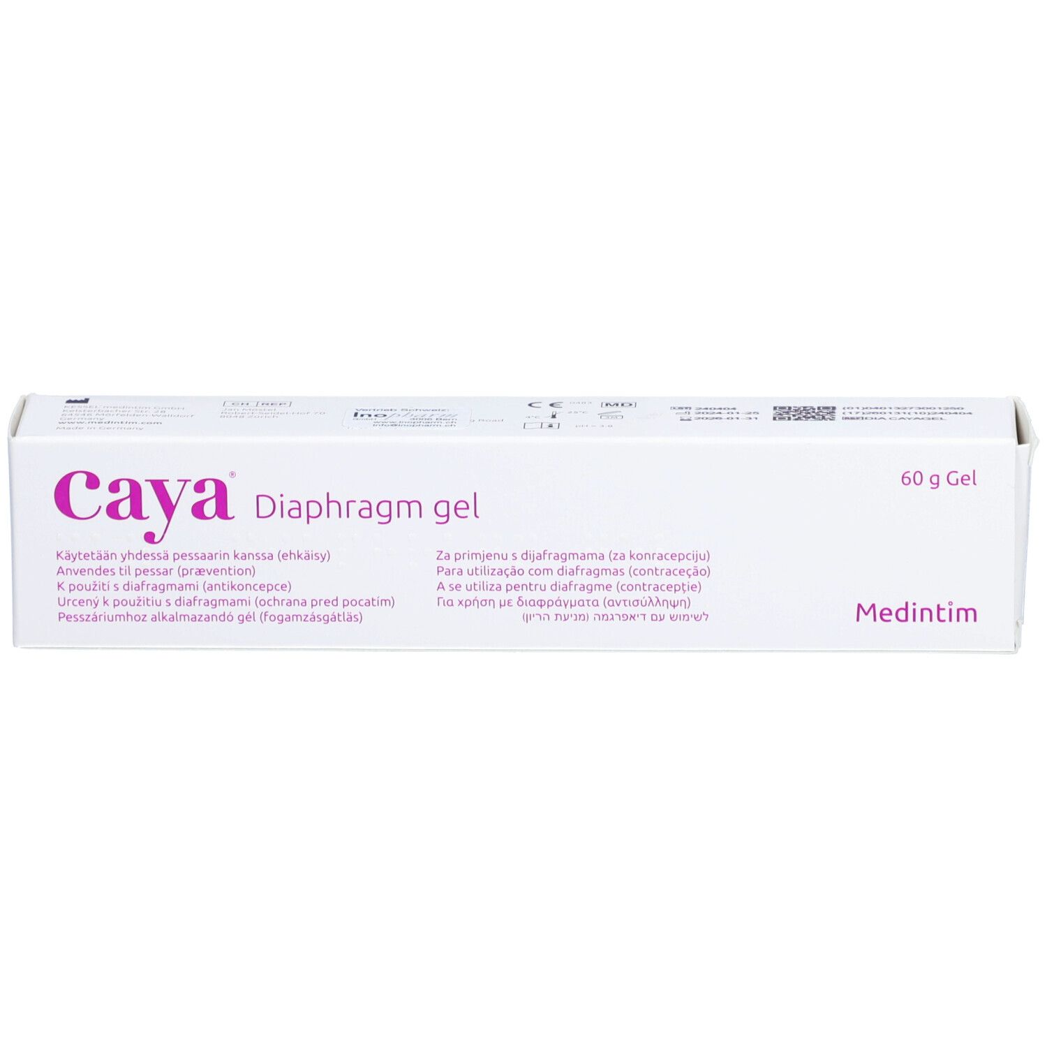 Weiße Produktverpackung mit lila Schriftzug "Caya Diaphragm gel" und "60 g Gel".