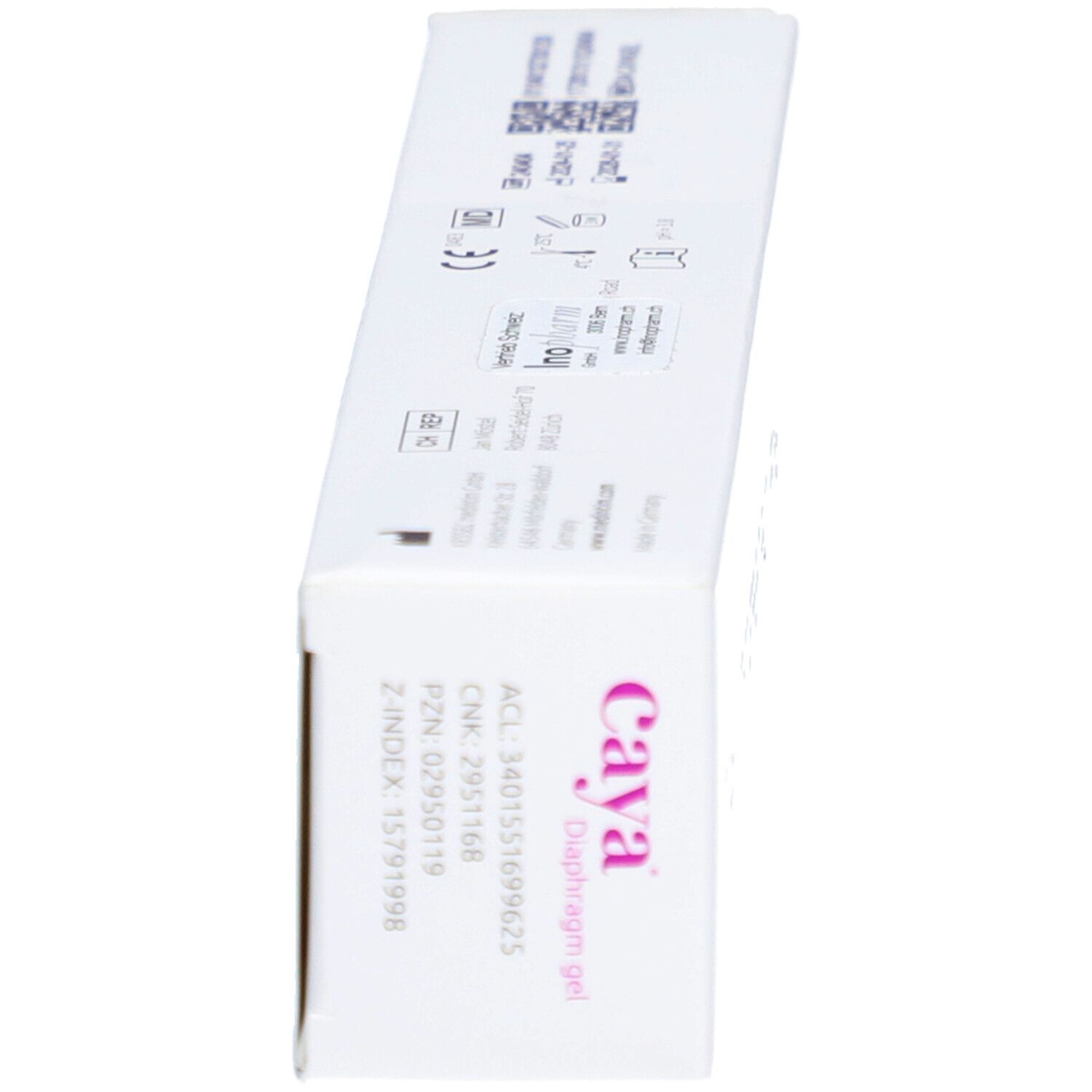 Seitenansicht der Produktverpackung. Weiß mit lila Schriftzug "Caya Diaphragm gel".