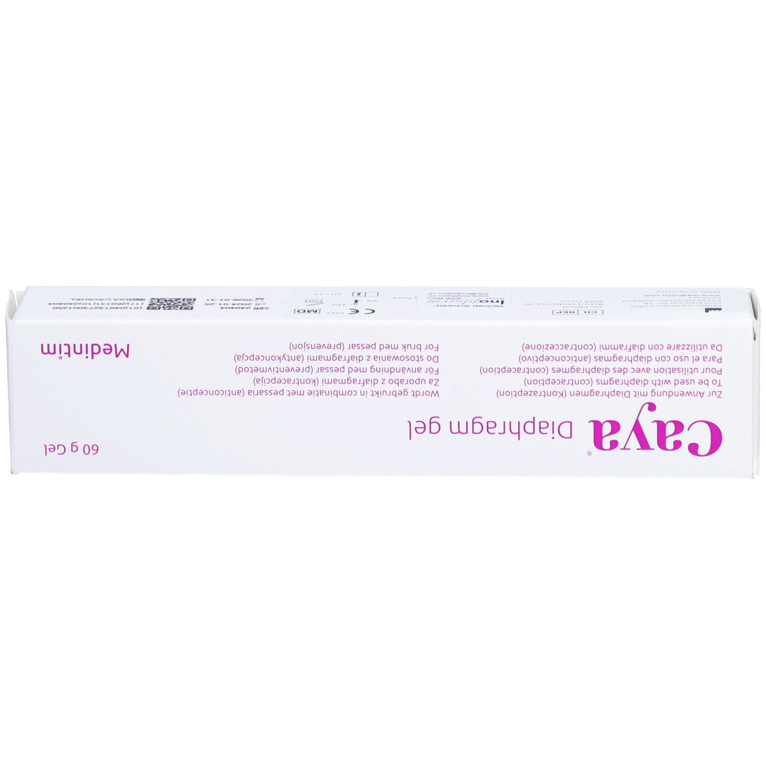 Weiße Produktverpackung mit lila Schriftzug "Caya Diaphragm gel" und "60 g Gel".