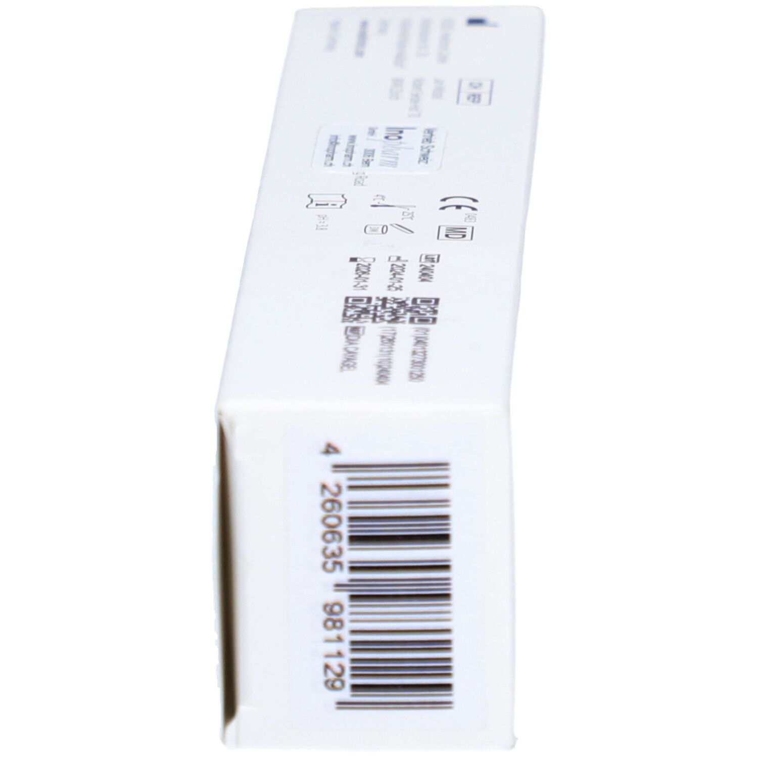 Seitenansicht der Produktverpackung. Weiß mit Barcode und lila Schriftzug "Caya Diaphragm gel".