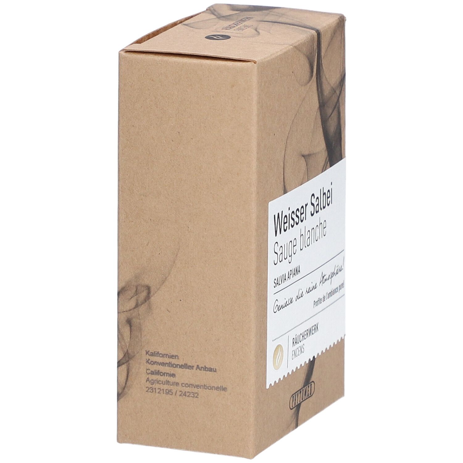 Kartonverpackung, Seitenansicht. Text: Weisser Salbei, Sauge blanche, Salvia apiana. Konventioneller Anbau. Marke: PHYTOMED.