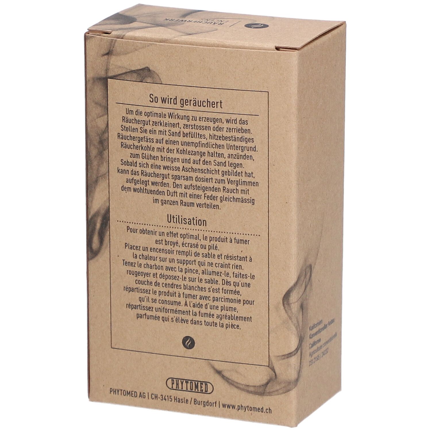 Rückseite der Kartonverpackung. Text: Anwendungshinweise in Deutsch und Französisch. Marke: PHYTOMED.