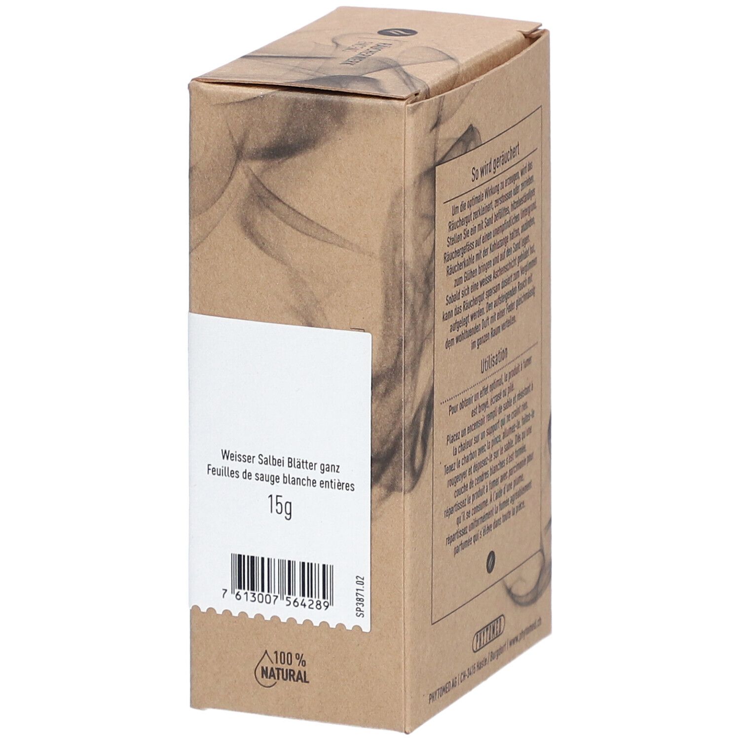 Kartonverpackung, Seitenansicht. Text: Weisser Salbei Blätter ganz, 15g. 100% Natural. Marke: PHYTOMED.