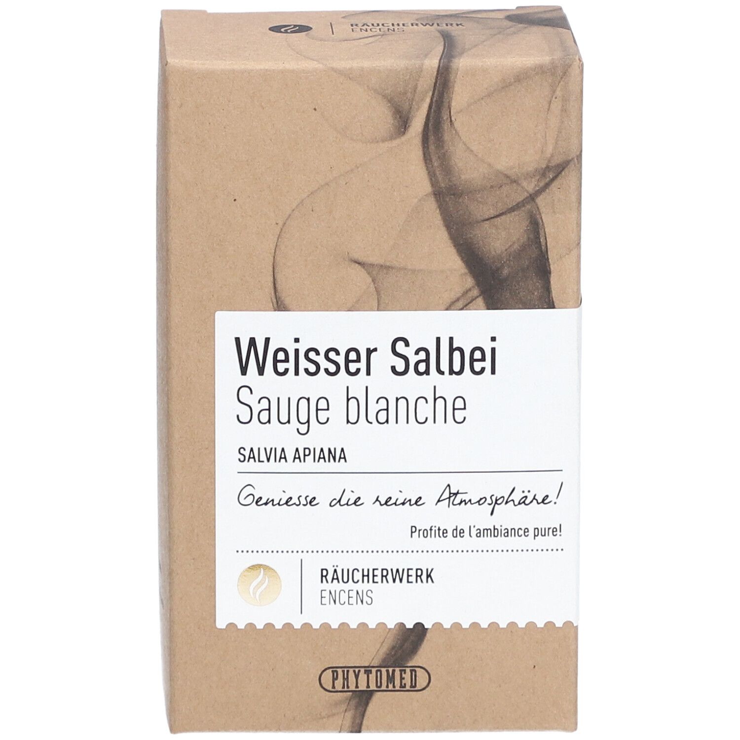Kartonverpackung mit Produktnamen. Text: Weisser Salbei, Sauge blanche, Salvia apiana. Marke: PHYTOMED. Rauchwerk Encens.