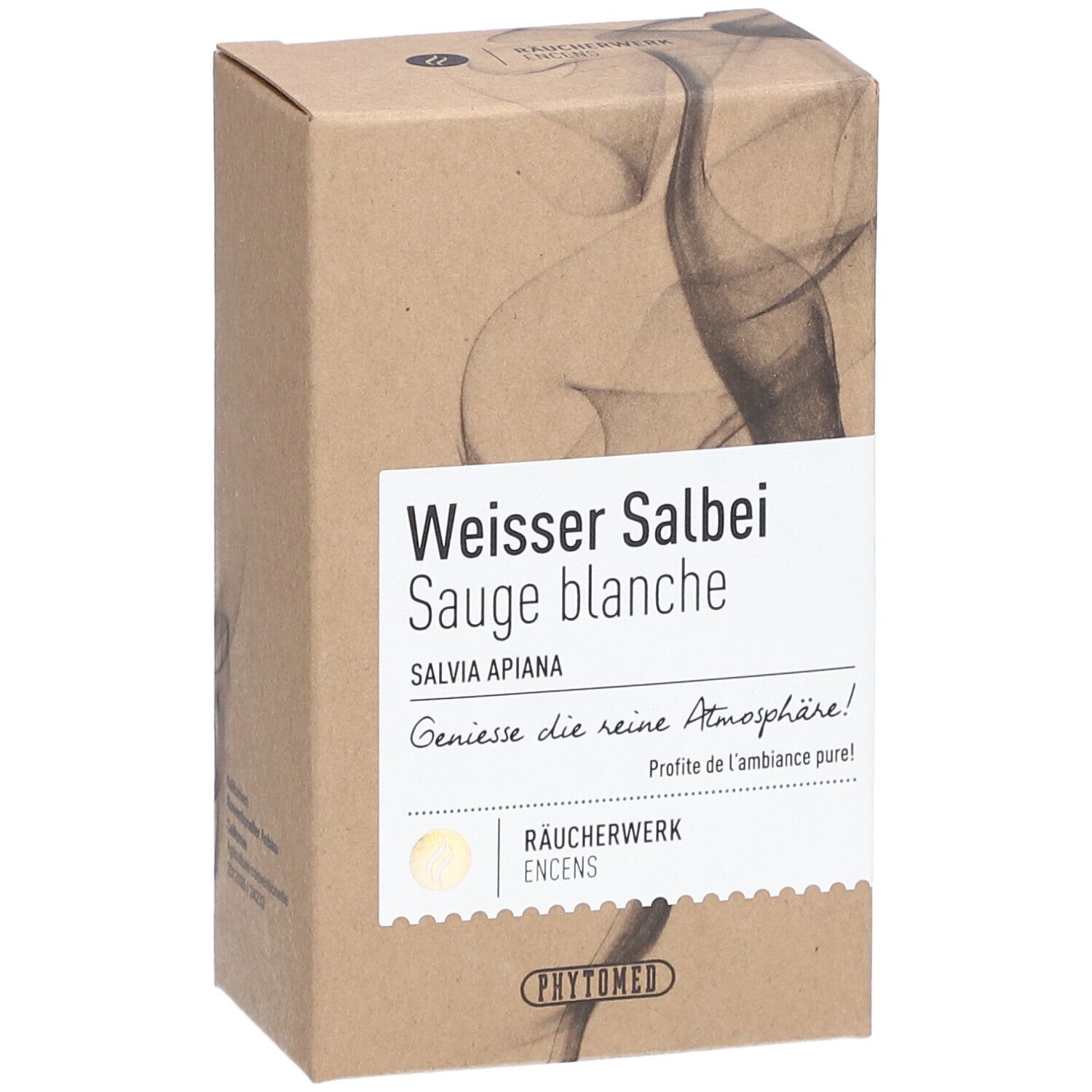 Kartonverpackung mit Produktnamen. Text: Weisser Salbei, Sauge blanche, Salvia apiana. Marke: PHYTOMED. Rauchwerk Encens.