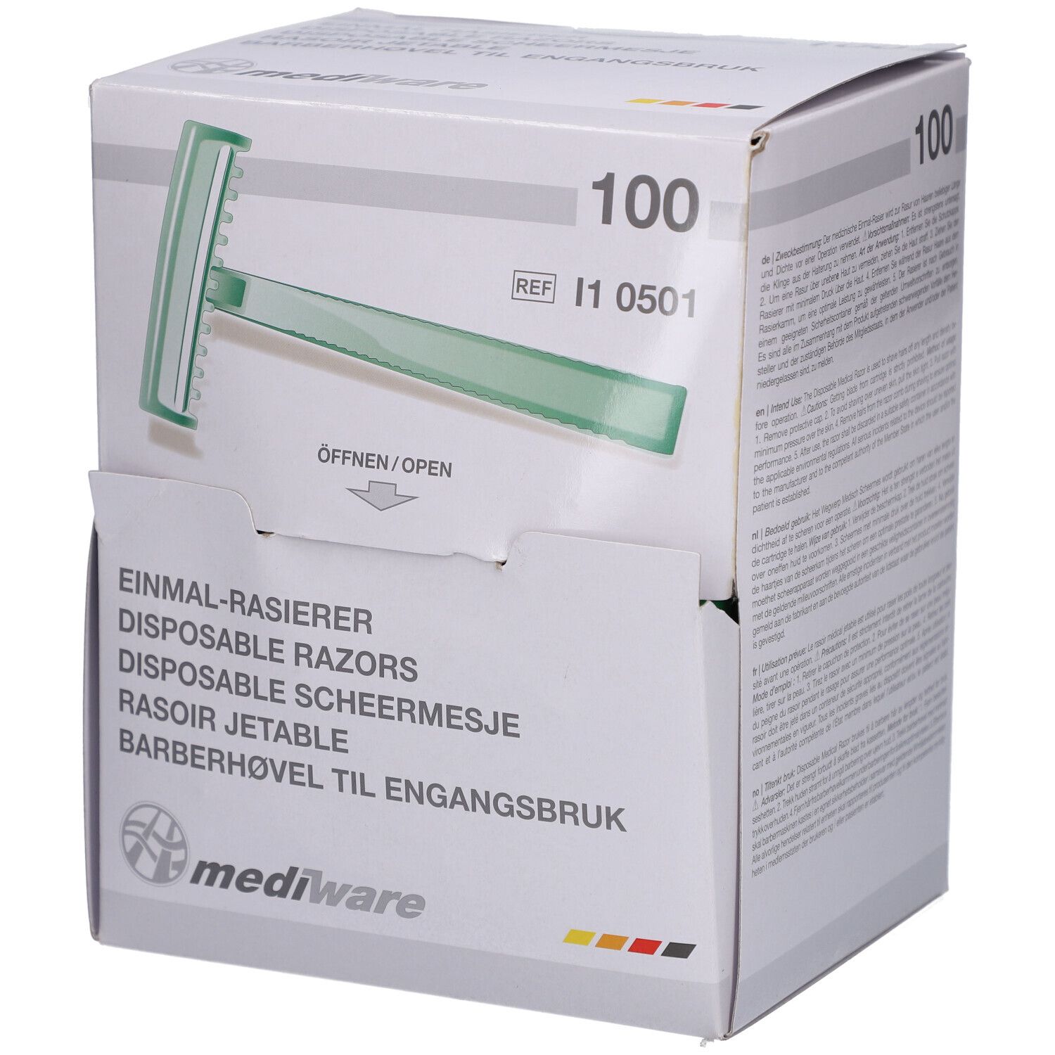 Verpackung mit 100 Einmalrasierern. Sichtbar: grüner Rasierer, Produktname, Öffnungshinweis.