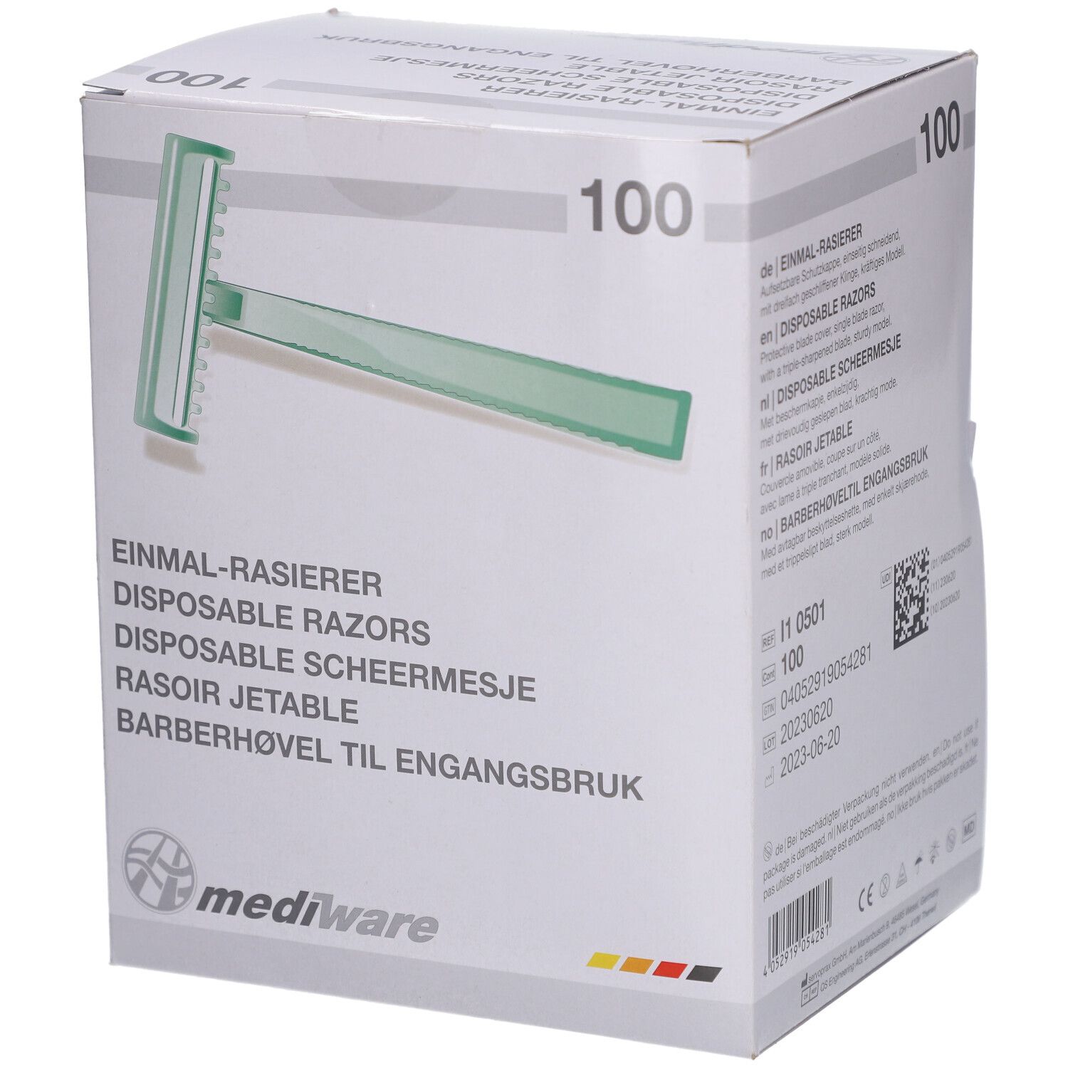 Verpackung mit 100 Einmalrasierern. Sichtbar: grüner Rasierer, Produktname, QR-Code, Marke Mediware.