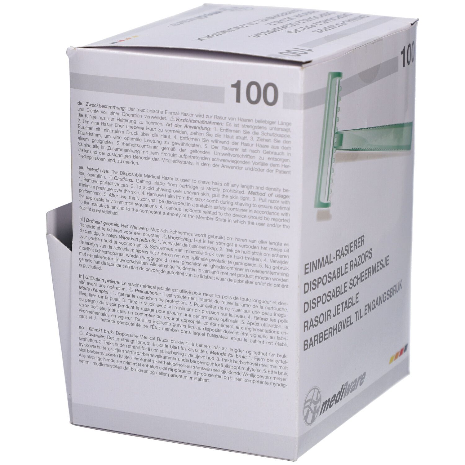 Verpackung mit 100 Einmalrasierern. Geöffnete Verpackung, Textinformationen, Marke Mediware.