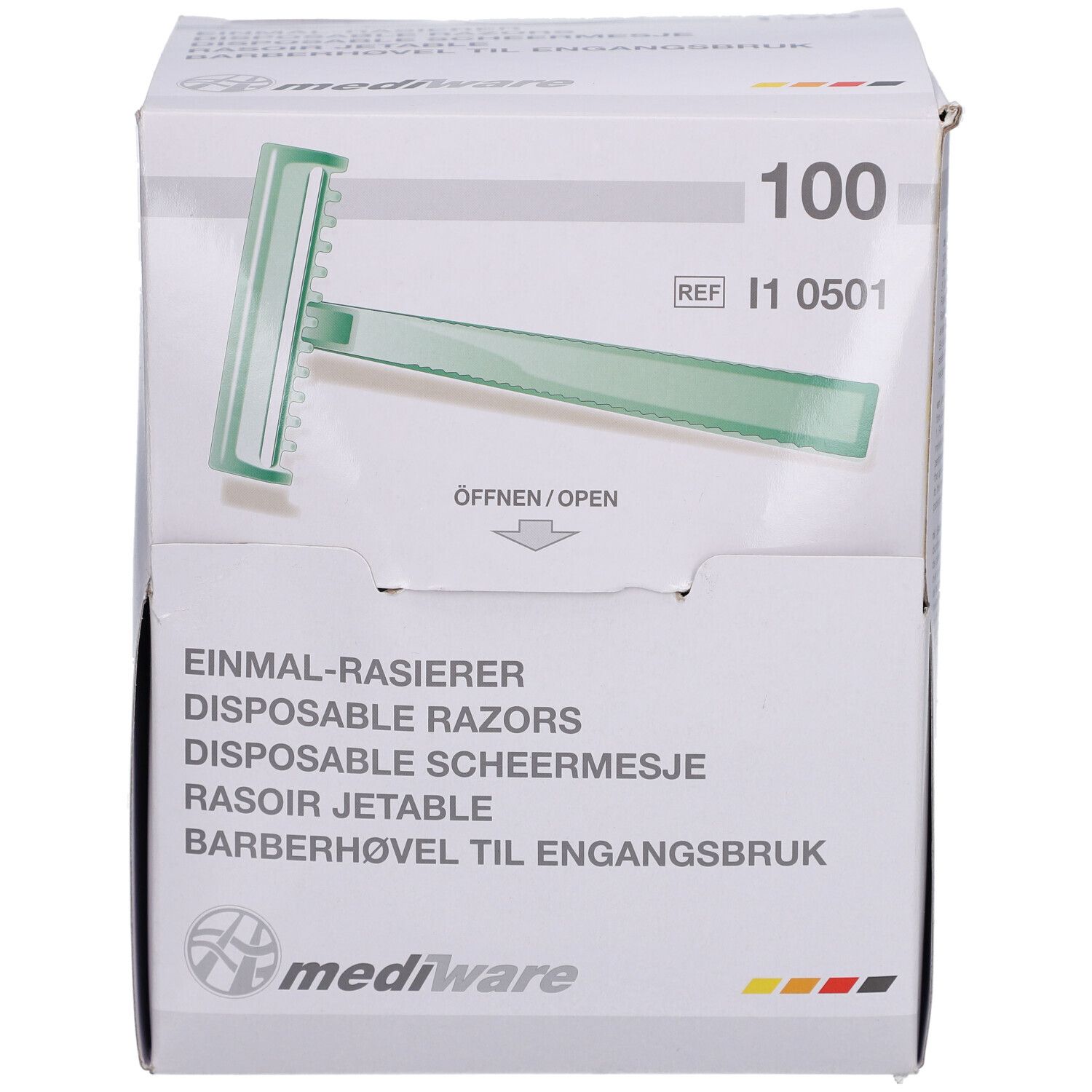 Verpackung mit 100 Einmalrasierern. Sichtbar: grüner Rasierer, Öffnungshinweis, Marke Mediware.