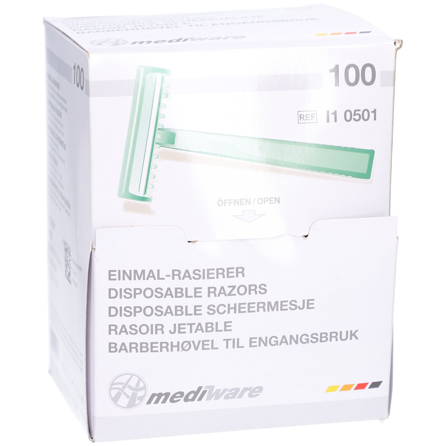 Verpackung mit 100 Einmalrasierern. Sichtbar: grüner Rasierer, Produktname, Marke Mediware.