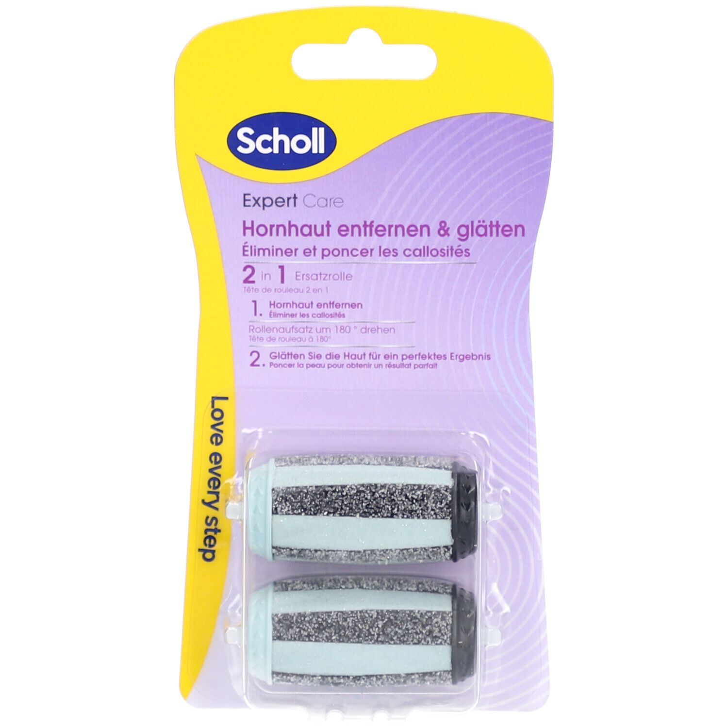 Emballage de deux rouleaux de rechange. Texte: Scholl Expert Care, éliminer et poncer les callosités. 2 en 1.