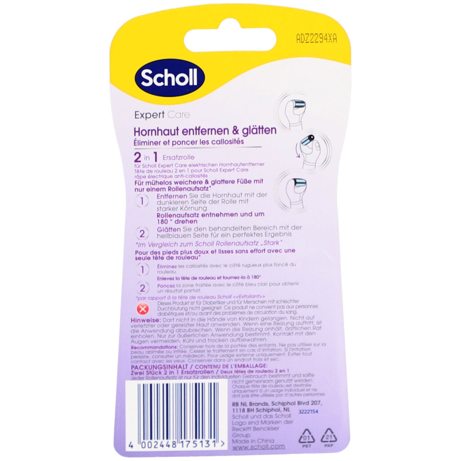 Dos de l'emballage avec texte: Scholl Expert Care, éliminer et poncer les callosités. 2 en 1 rouleaux de rechange. Illustrations.
