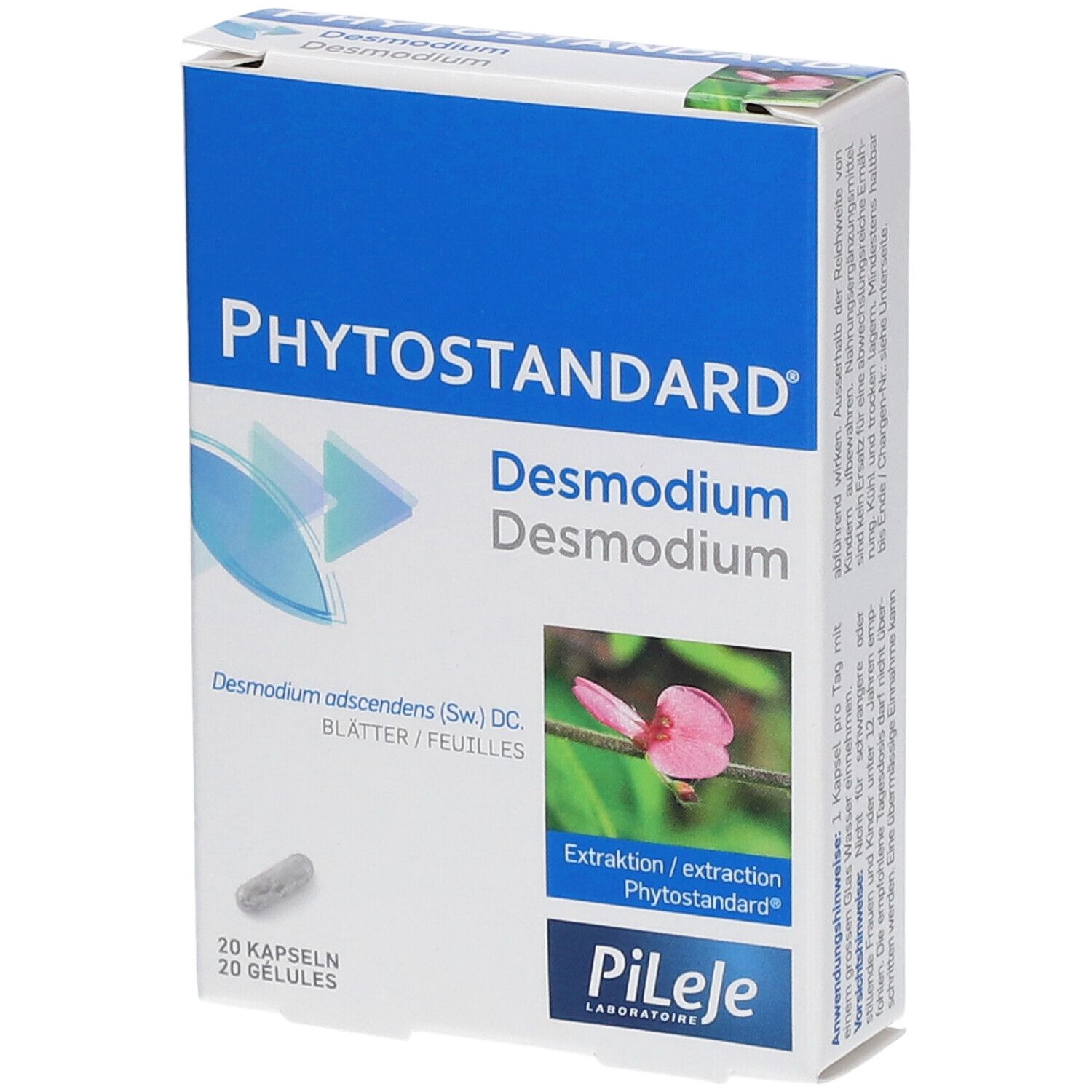 Schachtel mit "Phytostandard Desmodium". Enthält 20 Kapseln. Abbildung einer Blüte und des Logos Pileje.