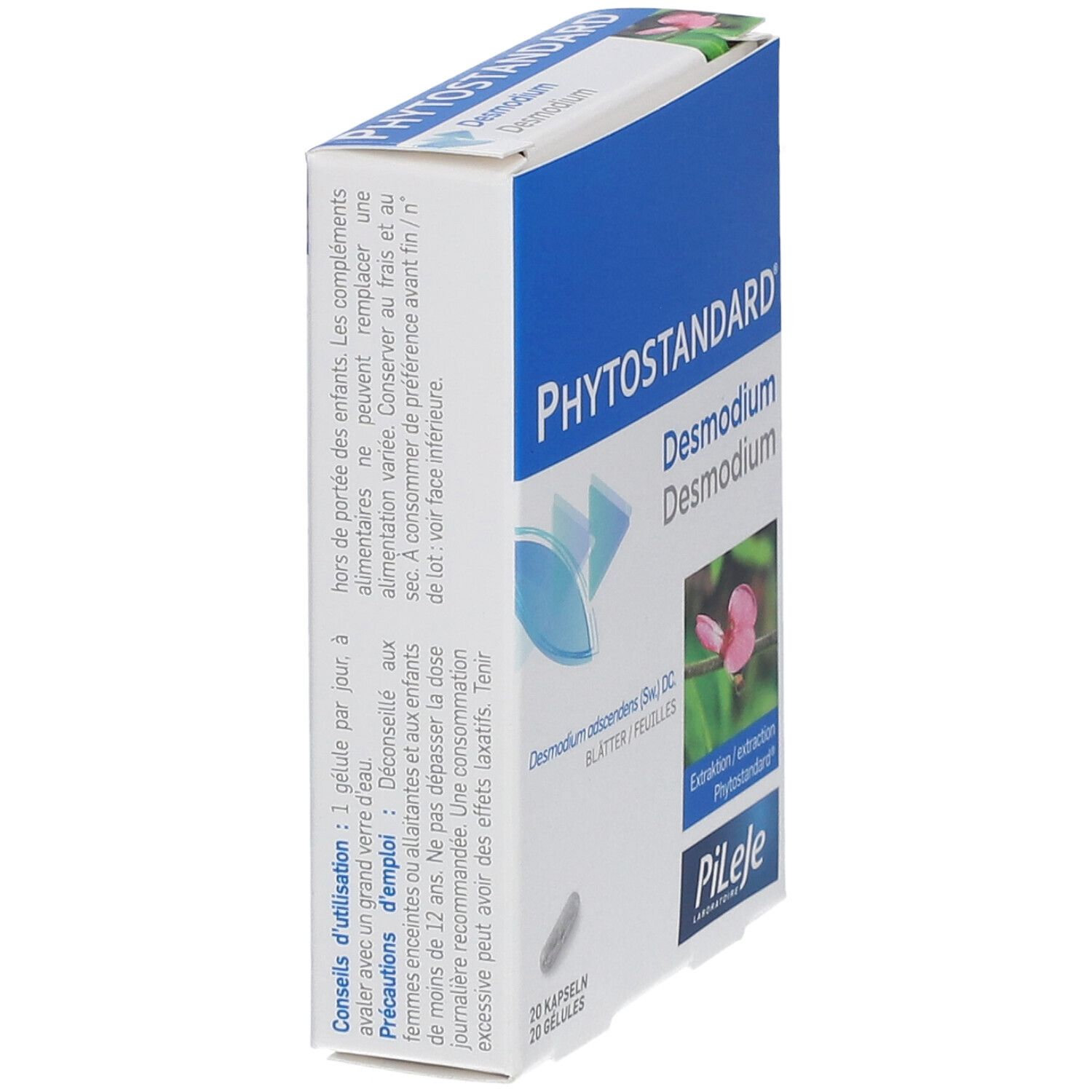 Schachtel "Phytostandard Desmodium". Seitenansicht mit Text in Deutsch und Französisch. 20 Kapseln sind sichtbar.