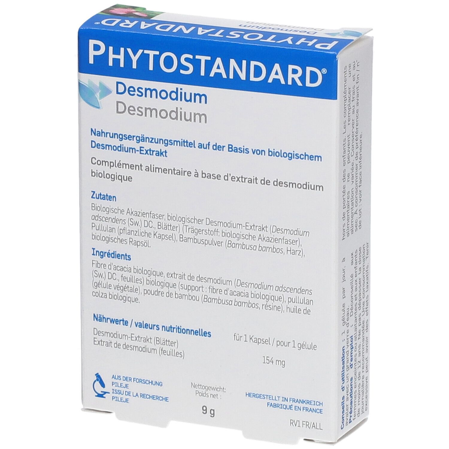 Schachtel "Phytostandard Desmodium". Text in Deutsch und Französisch. Enthält Informationen zu Inhaltsstoffen und Nährwerten.