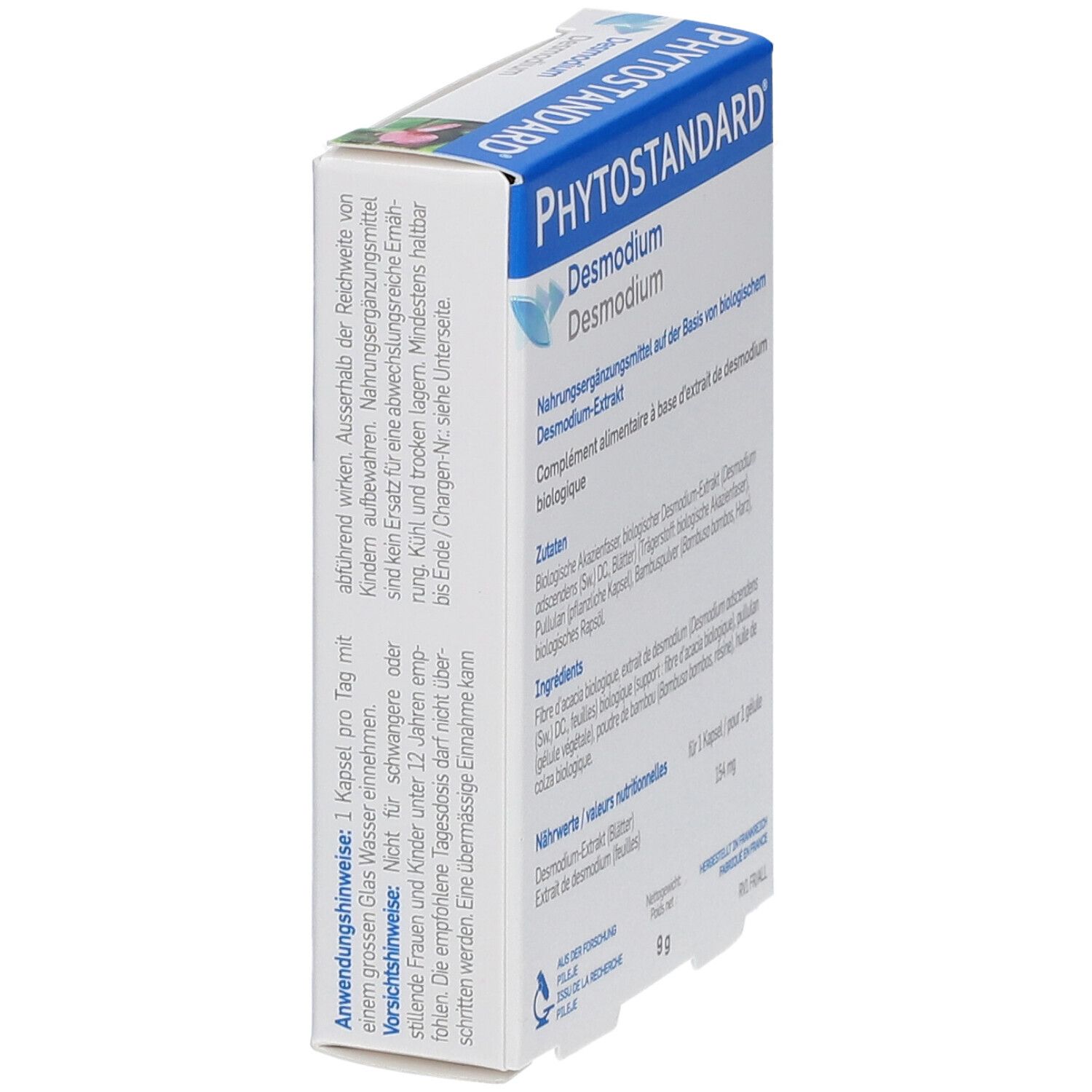 Schachtel "Phytostandard Desmodium". Seitenansicht mit Text in Deutsch und Französisch. Enthält Informationen zur Anwendung.