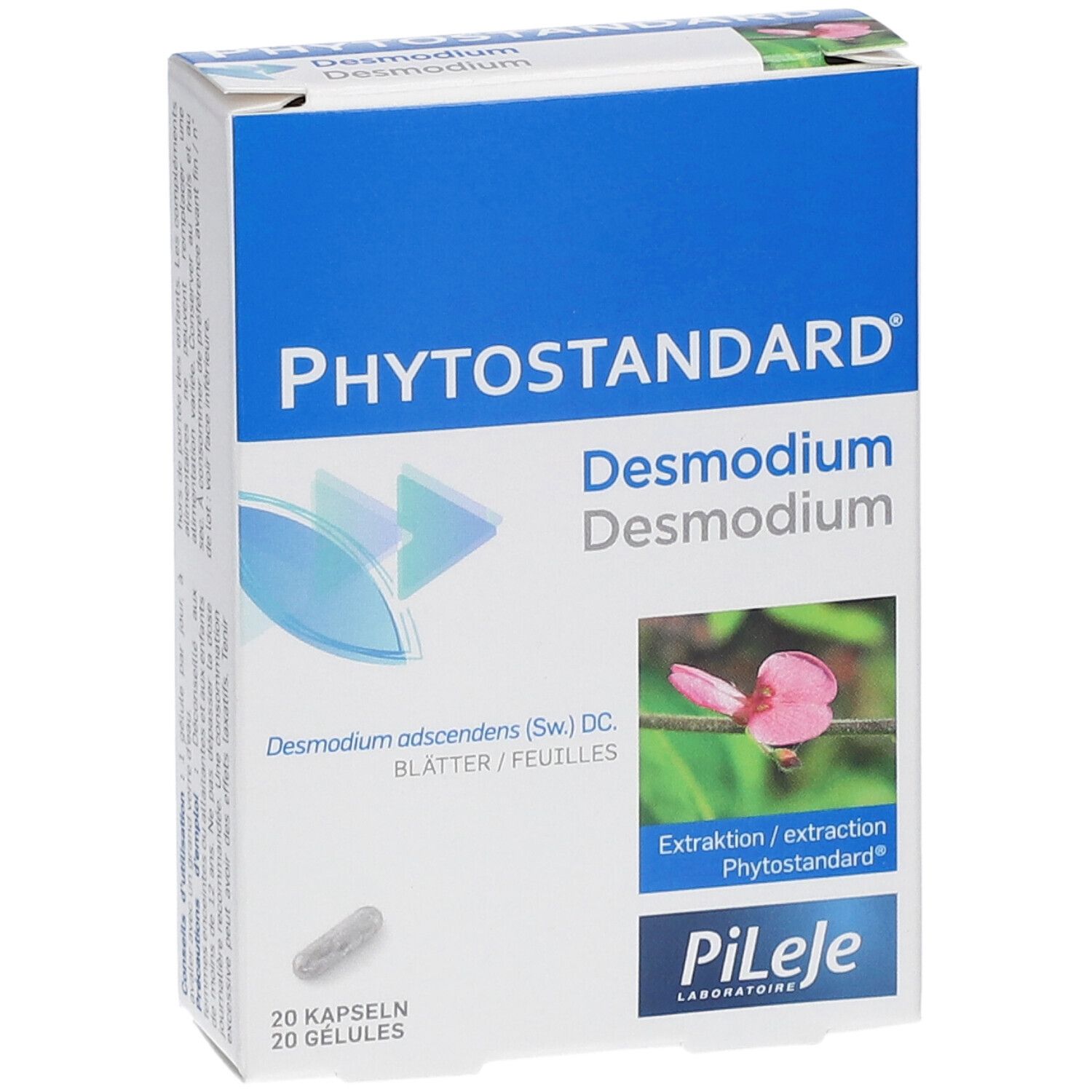 Schachtel "Phytostandard Desmodium" mit 20 Kapseln. Abbildung einer Blüte und des Logos Pileje. Text in Deutsch und Französisch.