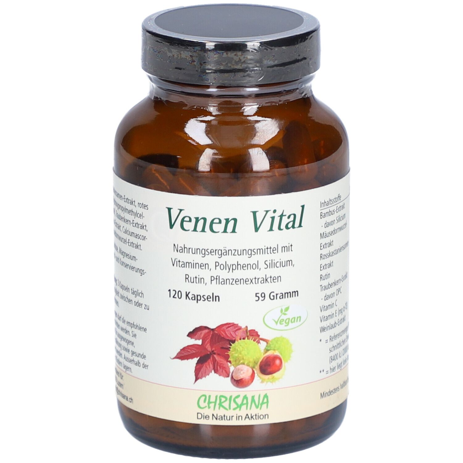 Braune Glasflasche mit schwarzen Deckel. Aufschrift 'Venen Vital'. 120 Kapseln, 59 Gramm. Vegan-Siegel. Marke: Chrisana.