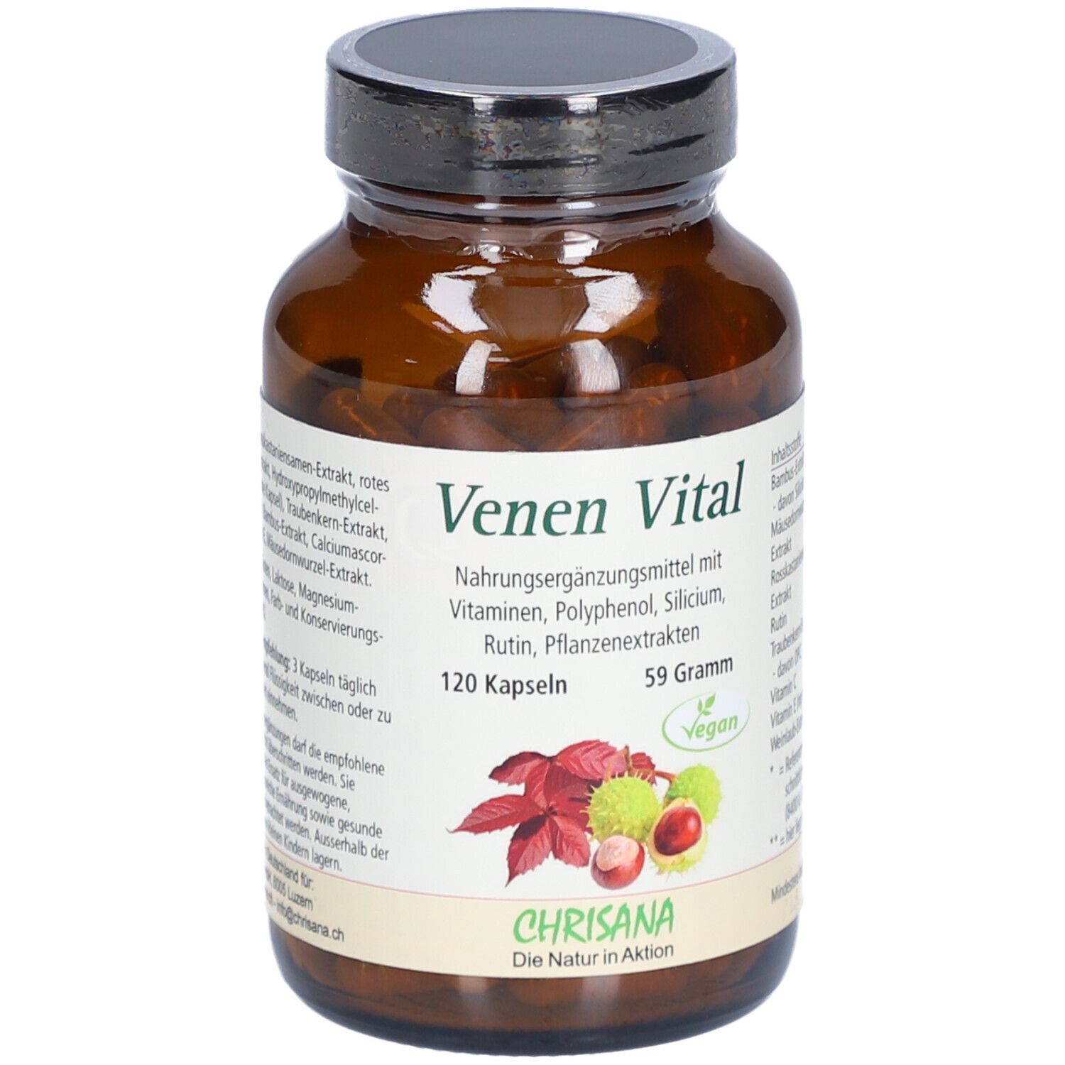 Braune Glasflasche mit schwarzen Deckel. Aufschrift 'Venen Vital'. 120 Kapseln, 59 Gramm. Vegan-Siegel. Marke: Chrisana.