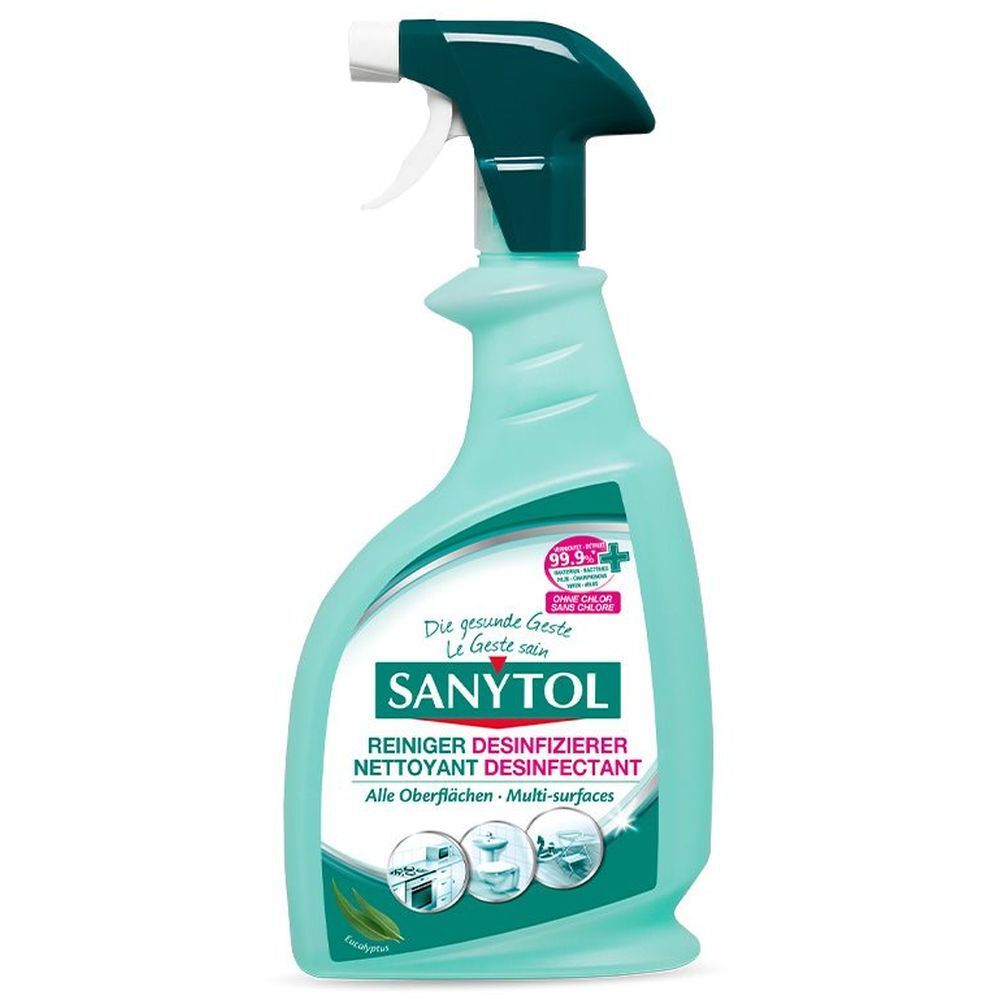 Türkisgrüne Sprühflasche mit SANYTOL-Logo. Reiniger für Oberflächen. Enthält 99,9%+. Mit Sprühkopf.