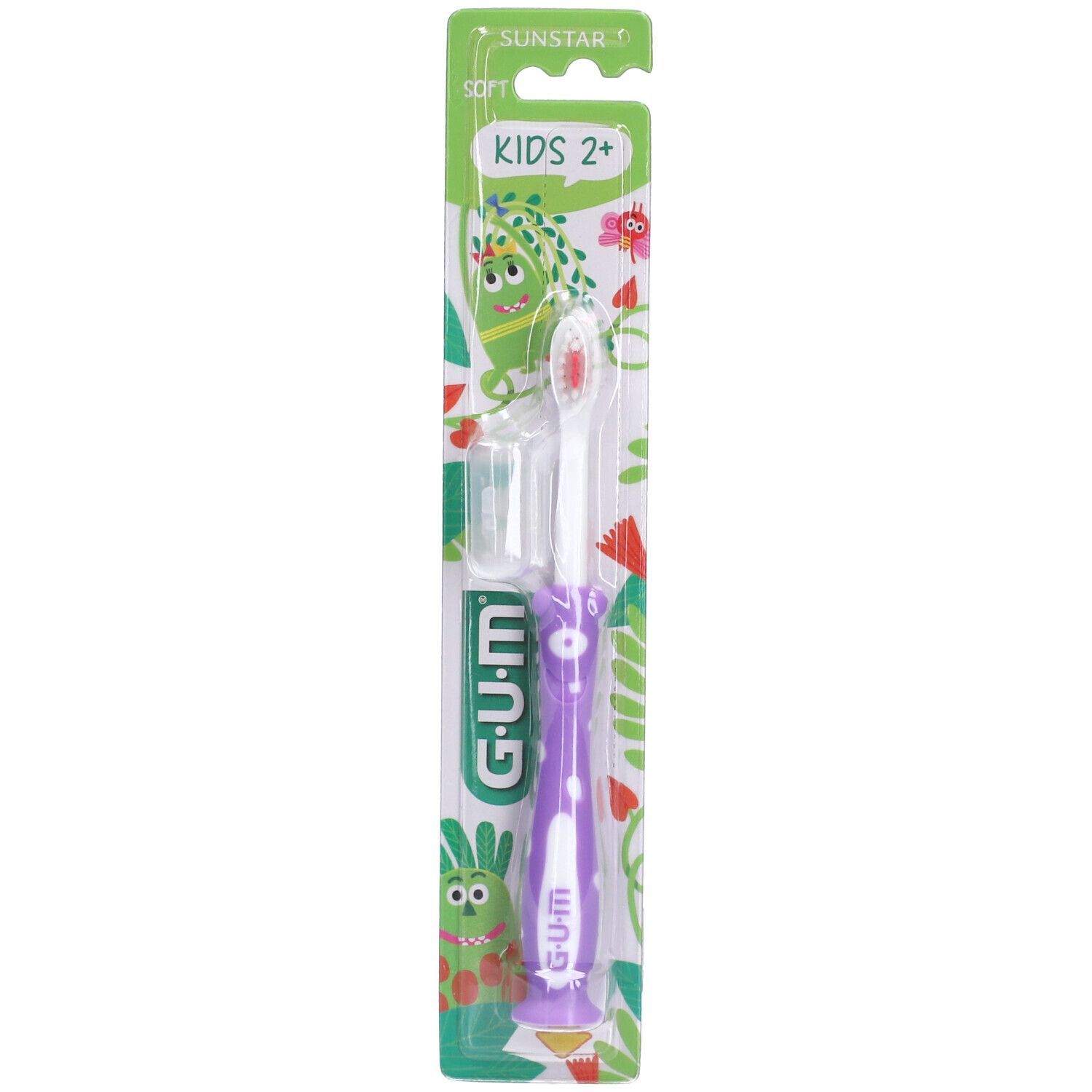 Brosse à dents violette pour enfants, emballée. Inscription G.U.M. Soies souples. Pour enfants à partir de 2 ans.