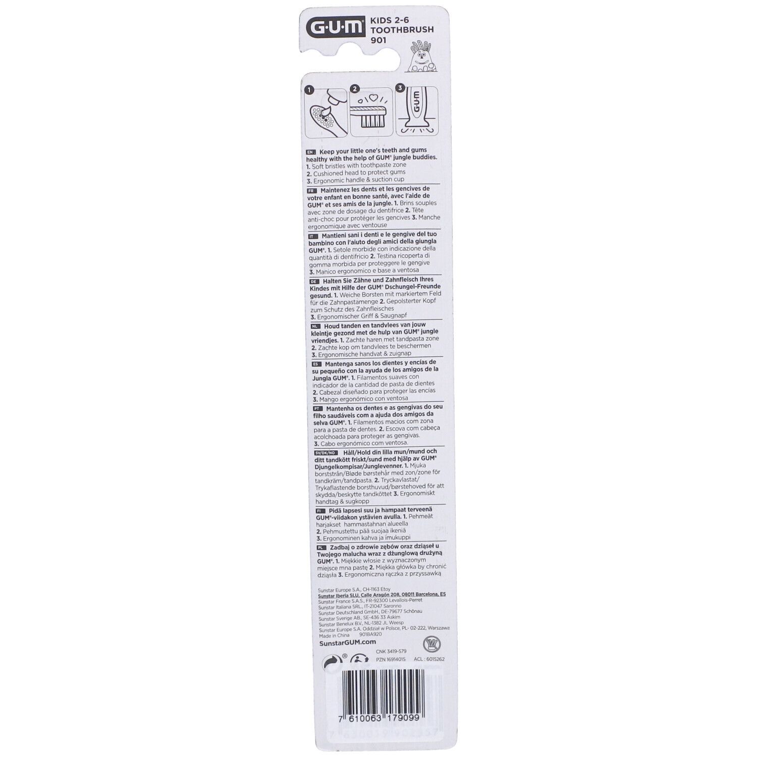 Dos de l'emballage avec informations sur le produit et code-barres. Brosse à dents G.U.M. pour enfants 2-6 ans.