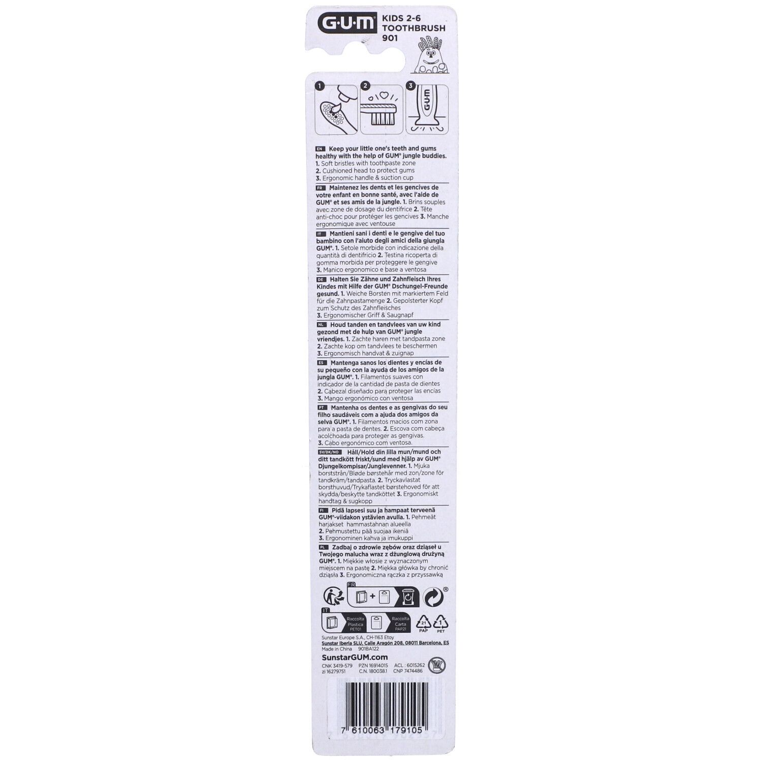 Rückseite der Zahnbürstenverpackung. Text in mehreren Sprachen. G.U.M. Logo und Produktinformationen. Barcode und Recycling-Symbole.