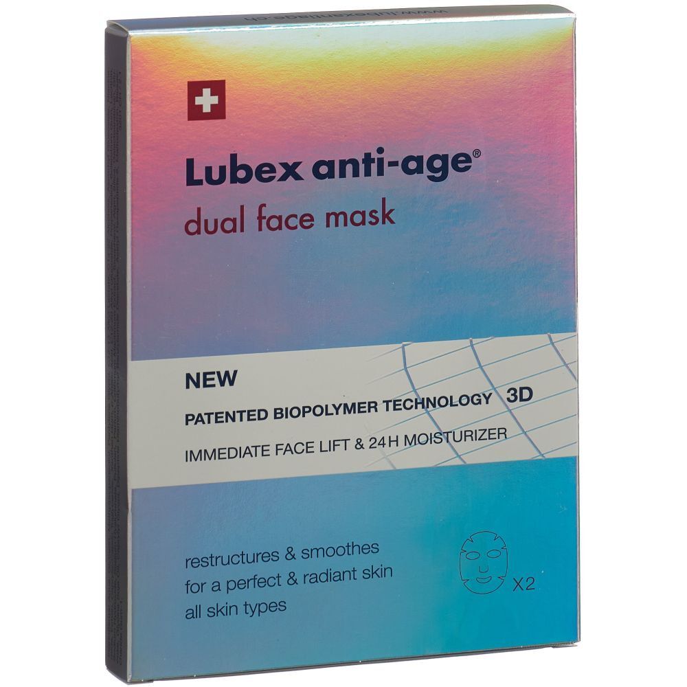 Boîte "Lubex anti-age dual face mask". Contient deux masques faciaux. Texte : "NEW", "PATENTED BIOPOLYMER TECHNOLOGY 3D".