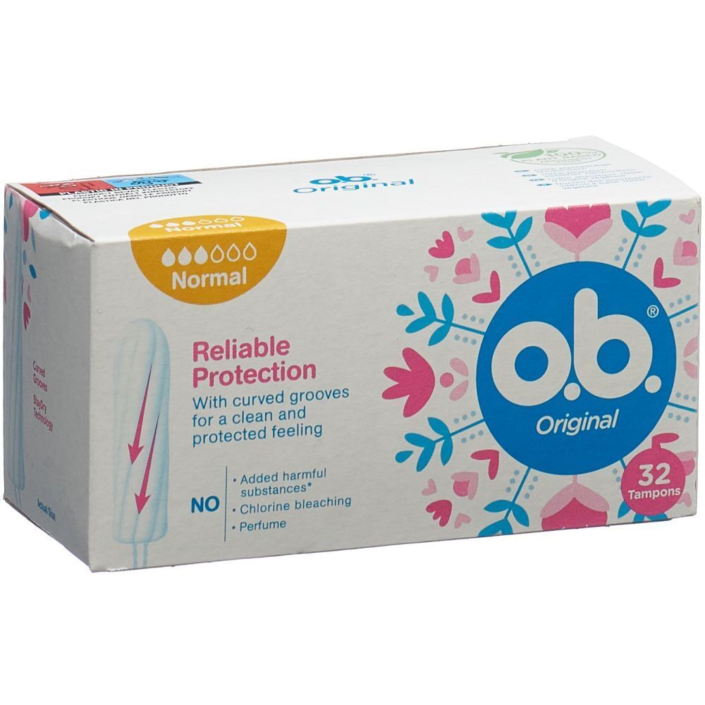 Verpackung von o.b. Original Tampons Normal. Enthält 32 Stück. Zuverlässiger Schutz mit gebogenen Rillen.