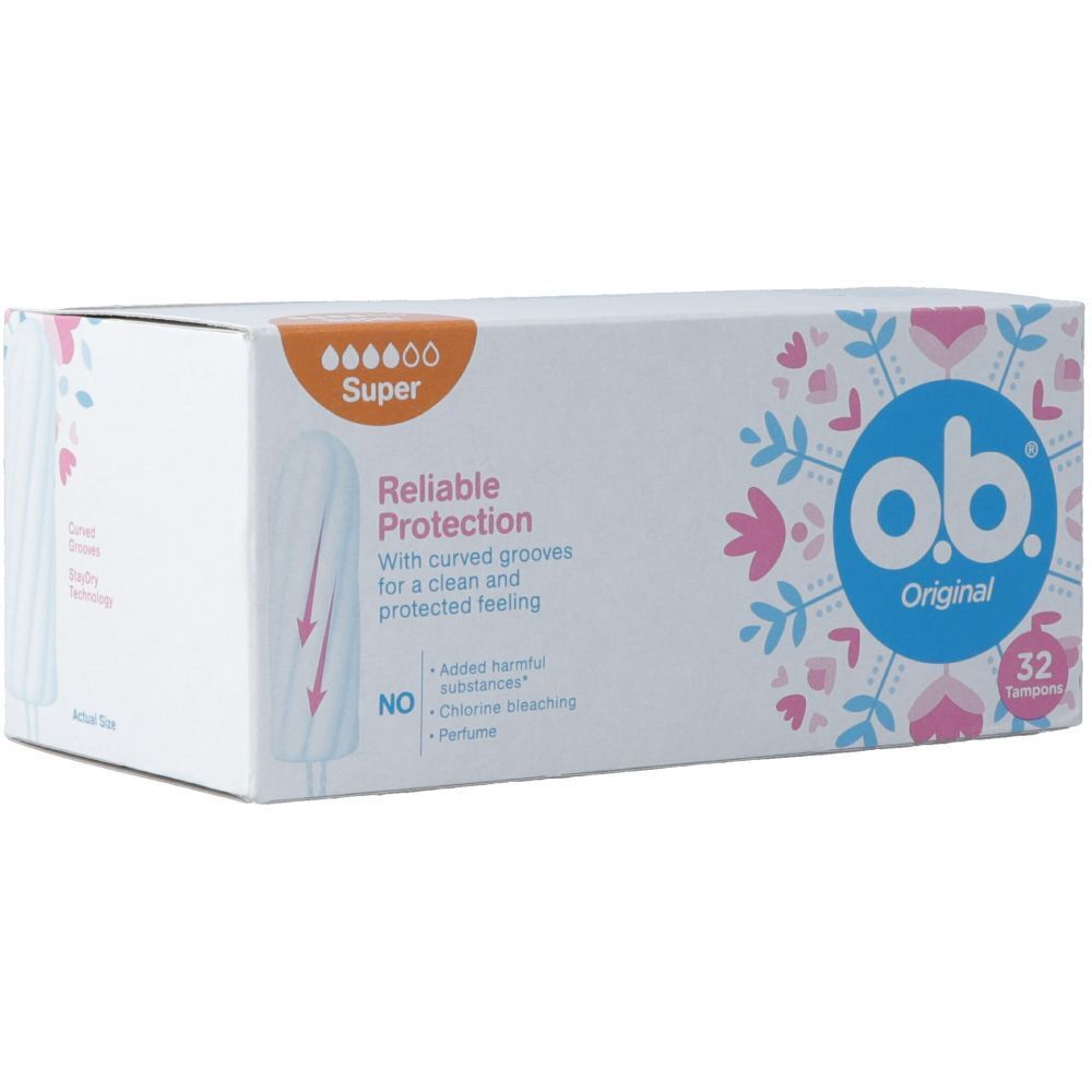 Boîte de tampons O.b. Original Super. 32 tampons. Protection fiable avec rainures incurvées.