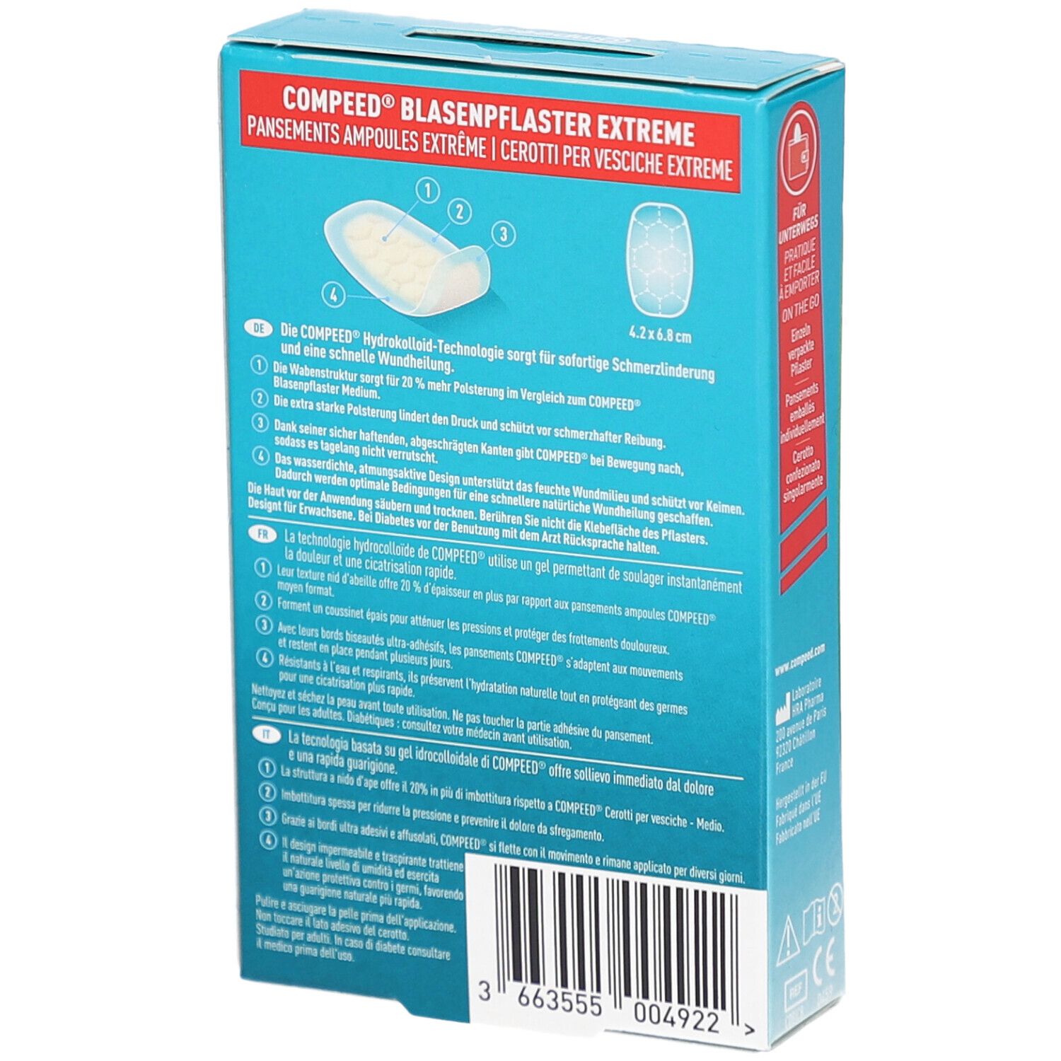 Rückseite der Compeed Blasenpflaster-Packung. Produktinformationen und Abbildungen. Größe 4,2x6,8 cm.