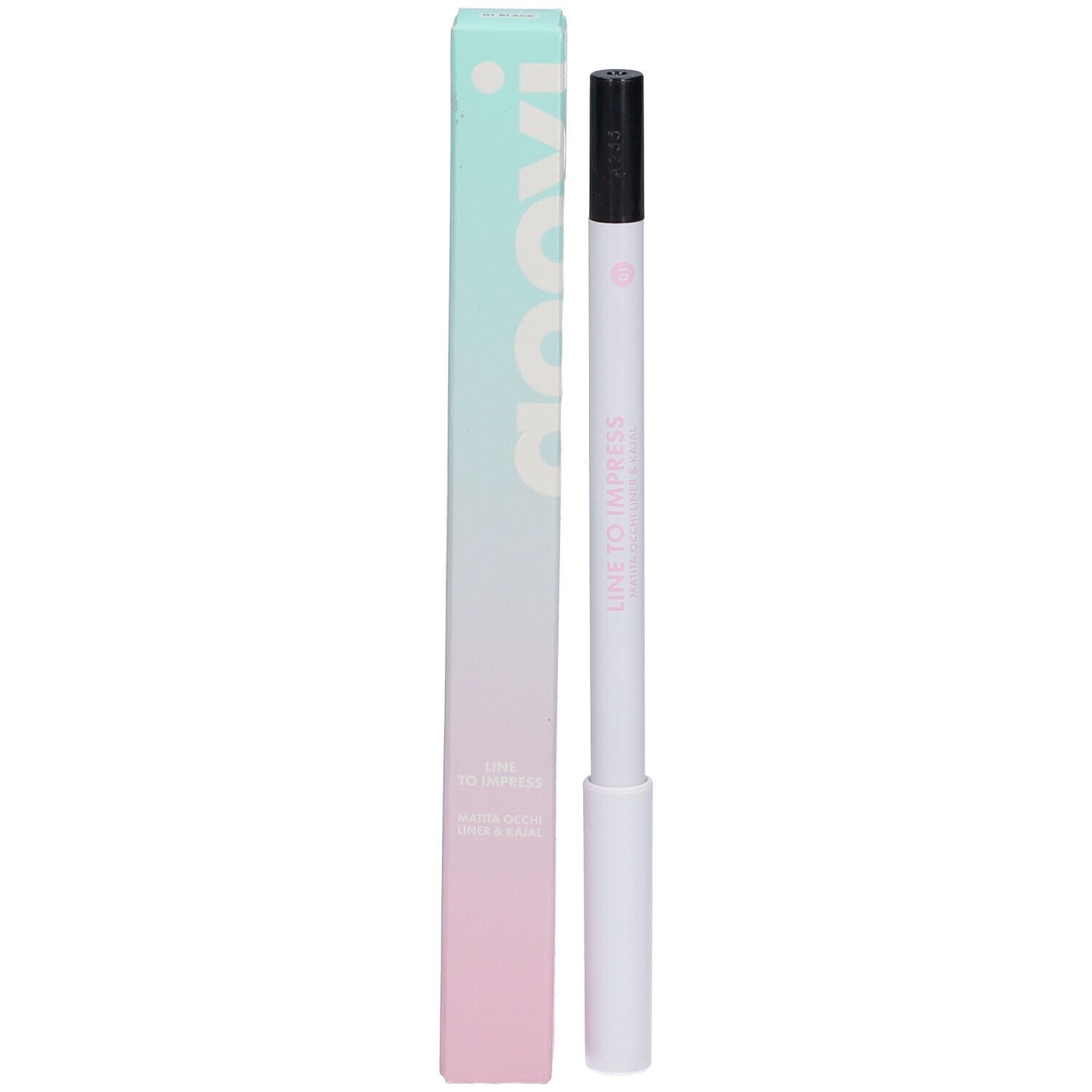 Eyeliner und Kajalstift, schwarz, mit Verpackung. Marke Goovi, Schriftzug "LINE TO IMPRESS".