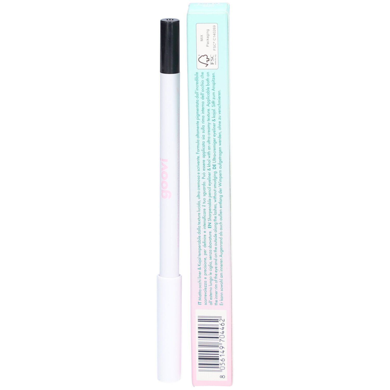 Eyeliner und Kajalstift, schwarz, mit Verpackung. Marke Goovi, Strichcode auf der Verpackung.