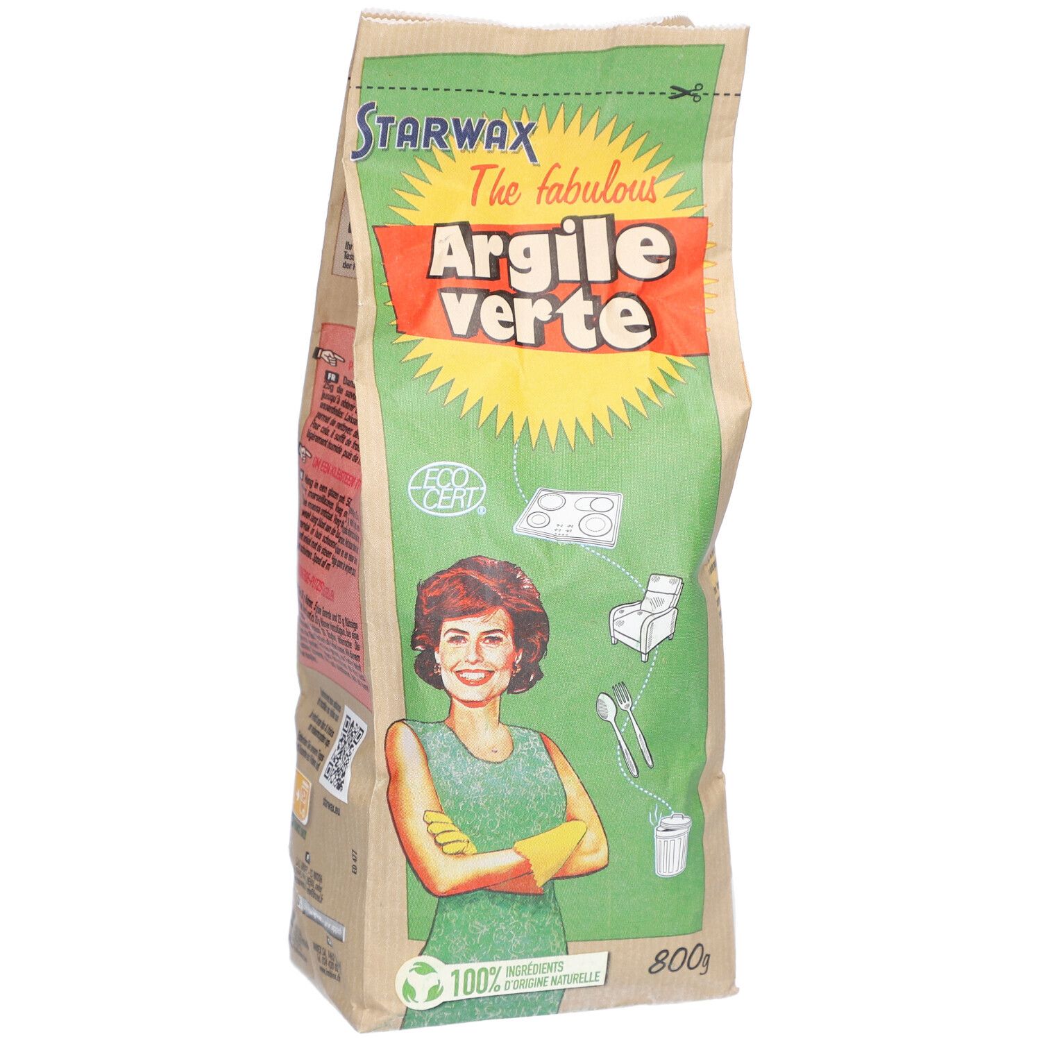 Sac de Starwax Argile Verte. Étiquette verte et jaune avec illustration d'une femme. 800g. Logo ECOCERT.
