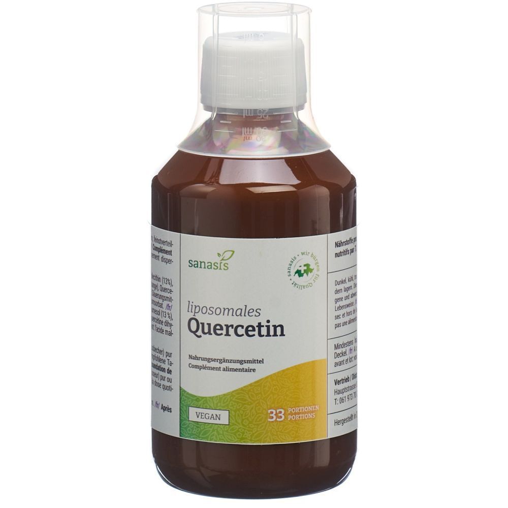 Braune Flüssigkeit in einer Flasche mit weißem Deckel. Aufschrift: liposomales Quercetin. Vegan.