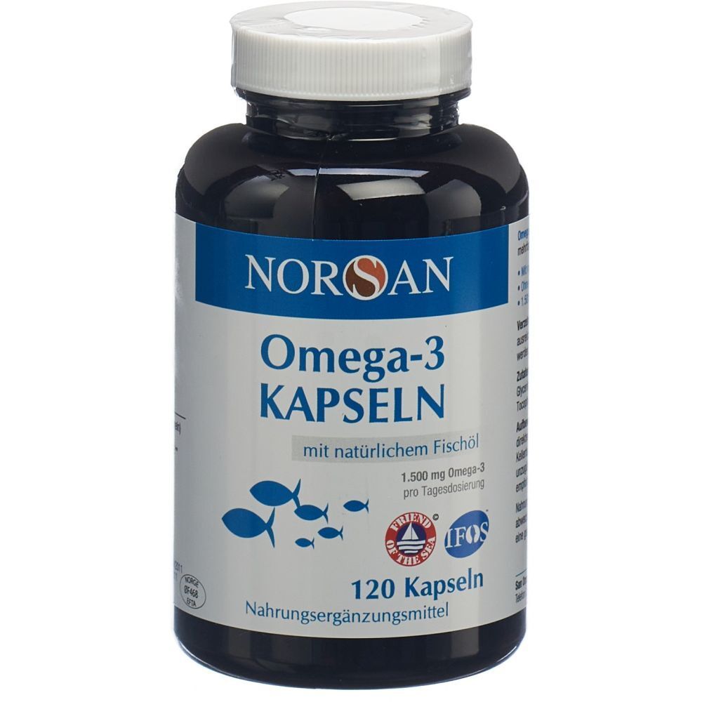 Braune Flasche mit weißen Deckel. Aufschrift: NORSAN Omega-3 Kapseln. 120 Kapseln. Mit Fischöl.