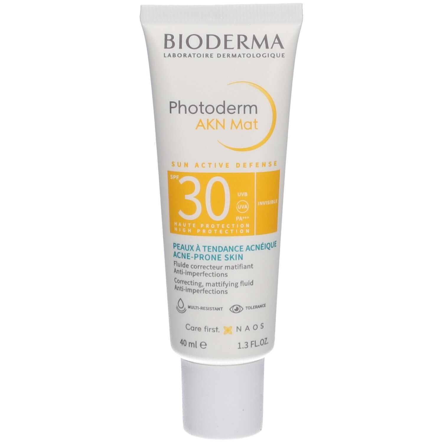 Weiße Tube mit BIODERMA Photoderm AKN Mat SPF30. Gelber Bereich mit Produktinformationen. 40 ml.