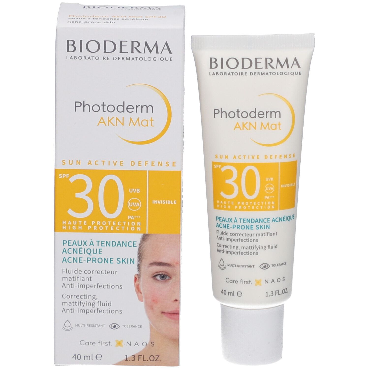 BIODERMA Photoderm AKN Mat SPF30, Tube und Verpackung. Gelbe Akzente. 40 ml. Frau mit Hautunreinheiten.