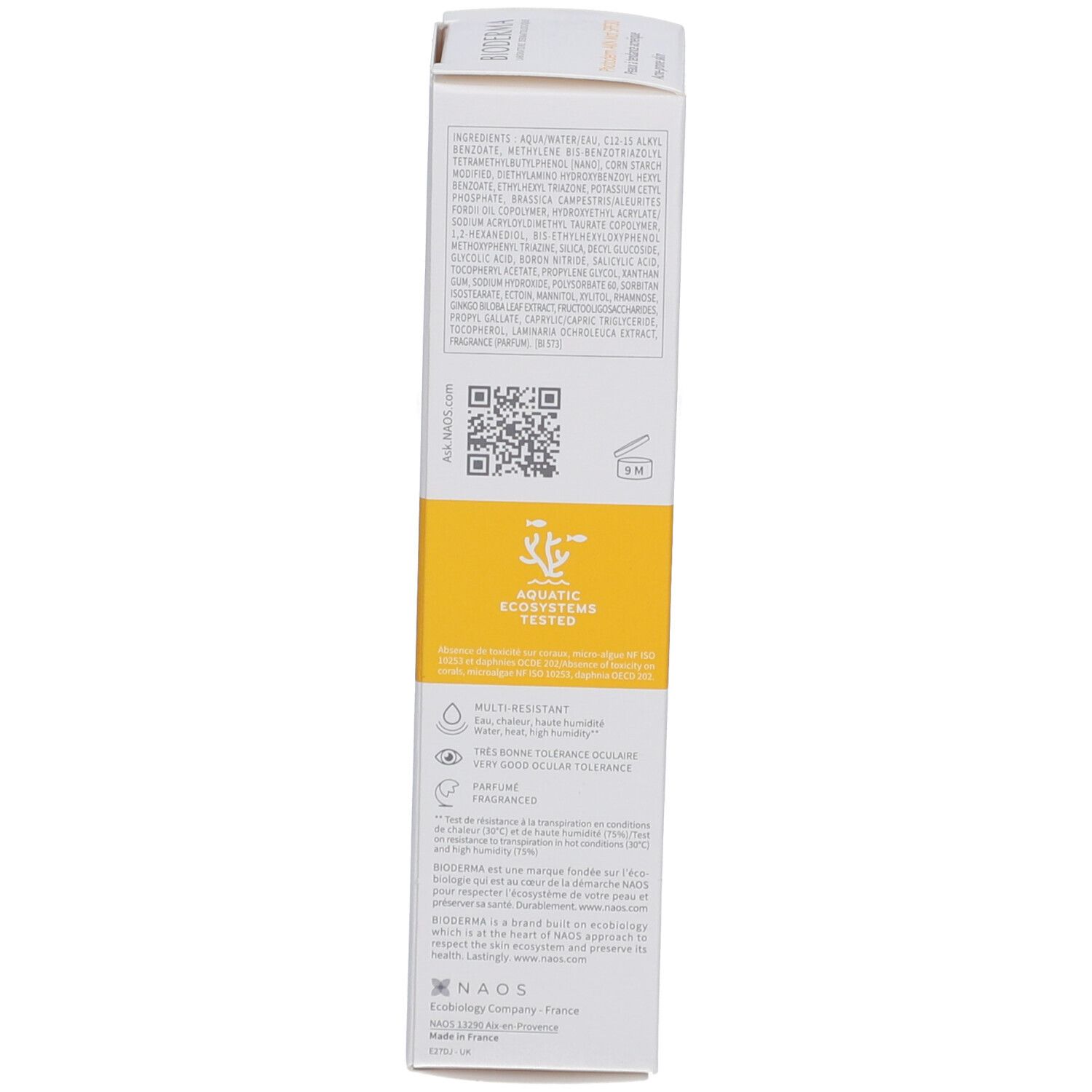Verpackung BIODERMA Photoderm AKN Mat SPF30. Inhaltsstoffe, QR-Code, Zertifizierungen. Gelber Bereich.