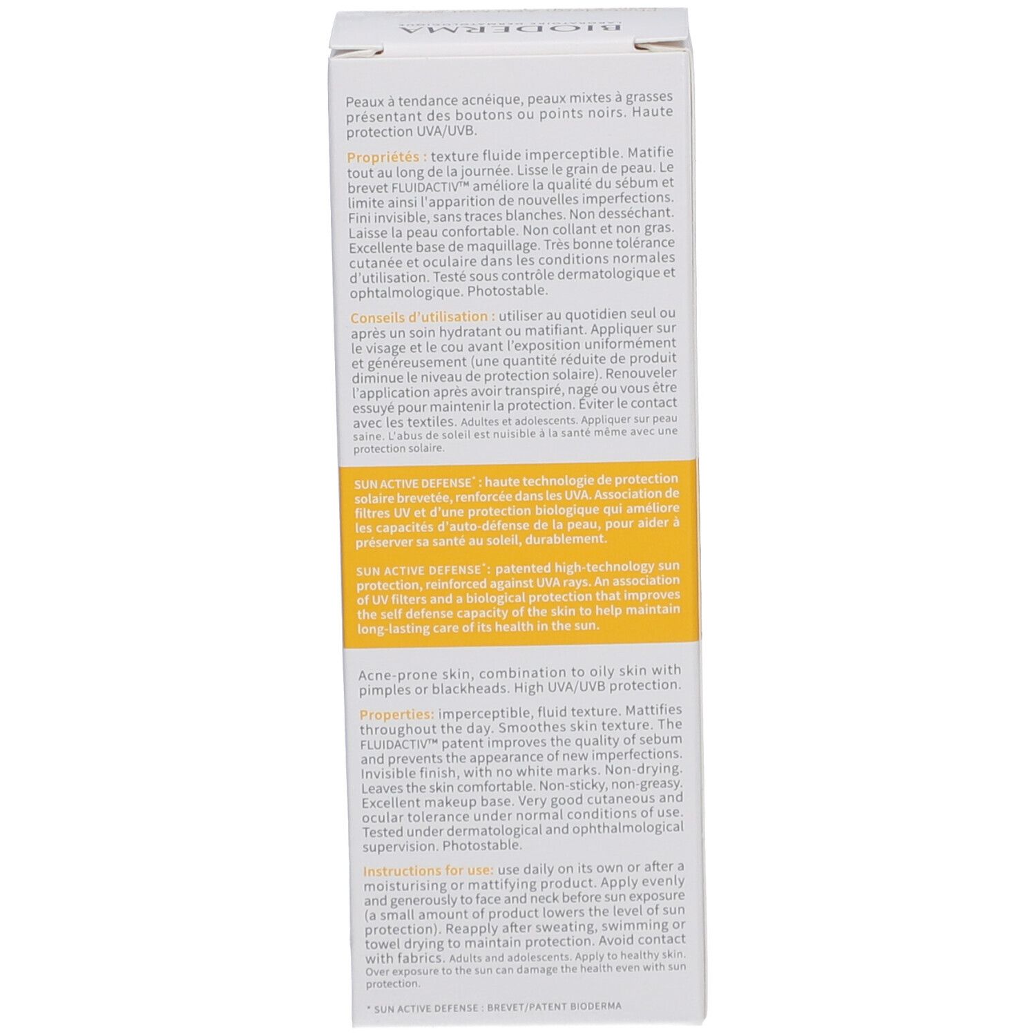 Verpackung BIODERMA Photoderm AKN Mat SPF30. Produktbeschreibung, Anwendungshinweise. Gelber Bereich.