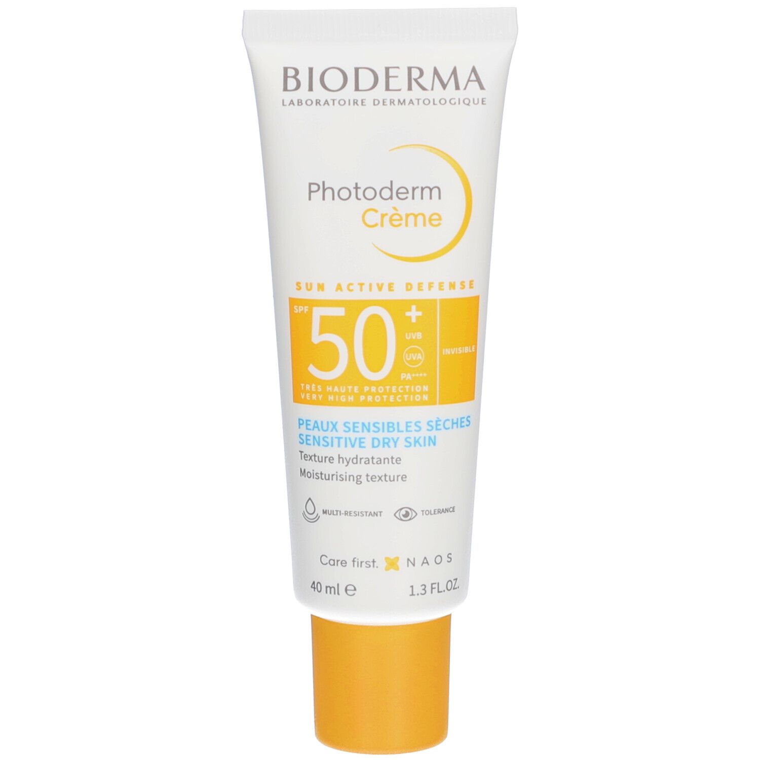 Tube BIODERMA Photoderm Creme, blanc et bouchon jaune. SPF 50+. Peaux sensibles sèches. Texture hydratante.