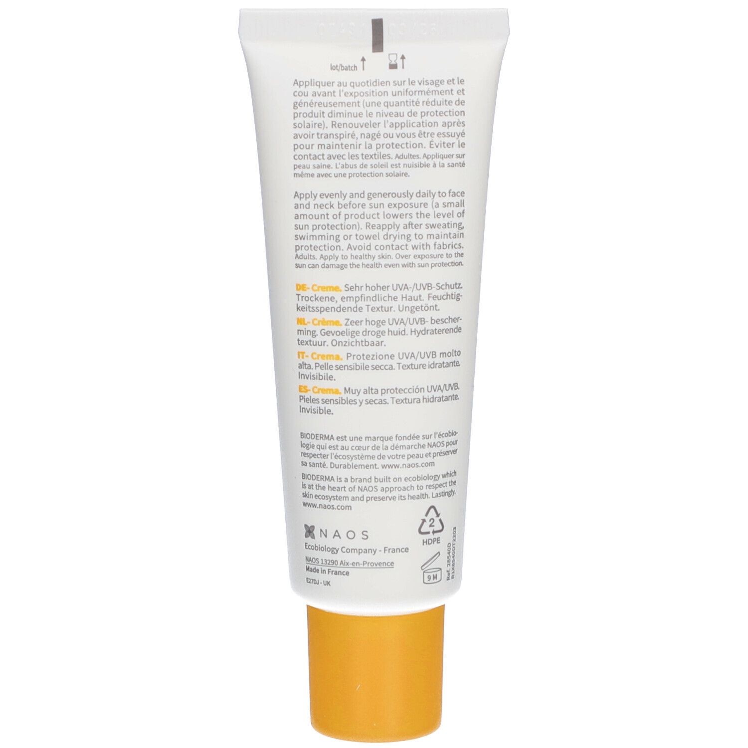 Dos du tube BIODERMA Photoderm Creme. Informations textuelles multilingues. Bouchon jaune.