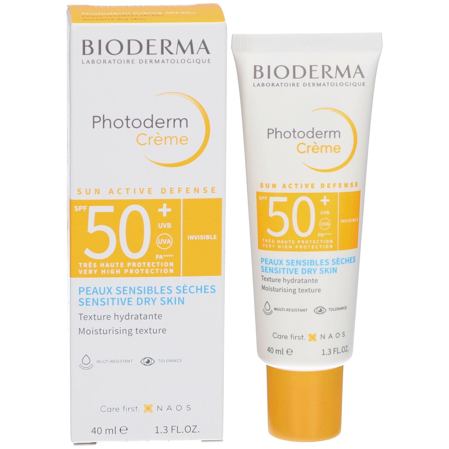 BIODERMA Photoderm Creme et emballage. SPF 50+. Peaux sensibles sèches. Texture hydratante. Emballage jaune.