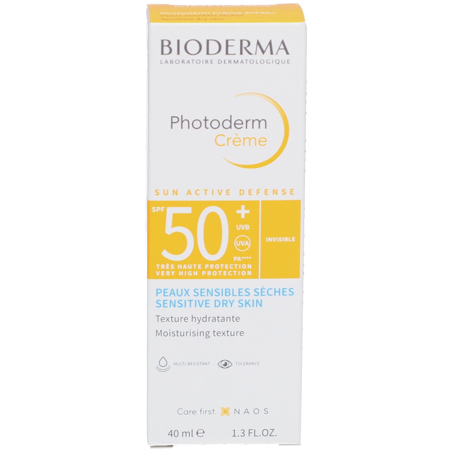 BIODERMA Photoderm Creme et emballage. SPF 50+. Peaux sensibles sèches. Emballage jaune.