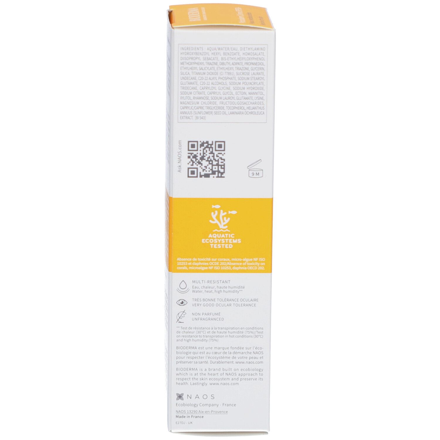 Emballage BIODERMA Photoderm Creme. Informations textuelles, QR code, logo. Jaune et blanc.