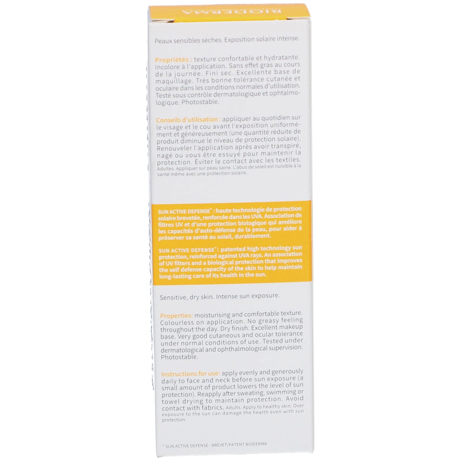 Côté de l'emballage BIODERMA Photoderm Creme. Informations textuelles, ingrédients, instructions.