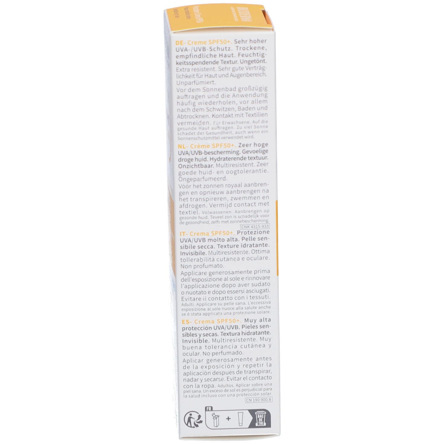 Côté de l'emballage BIODERMA Photoderm Creme. Informations textuelles multilingues. Jaune et blanc.
