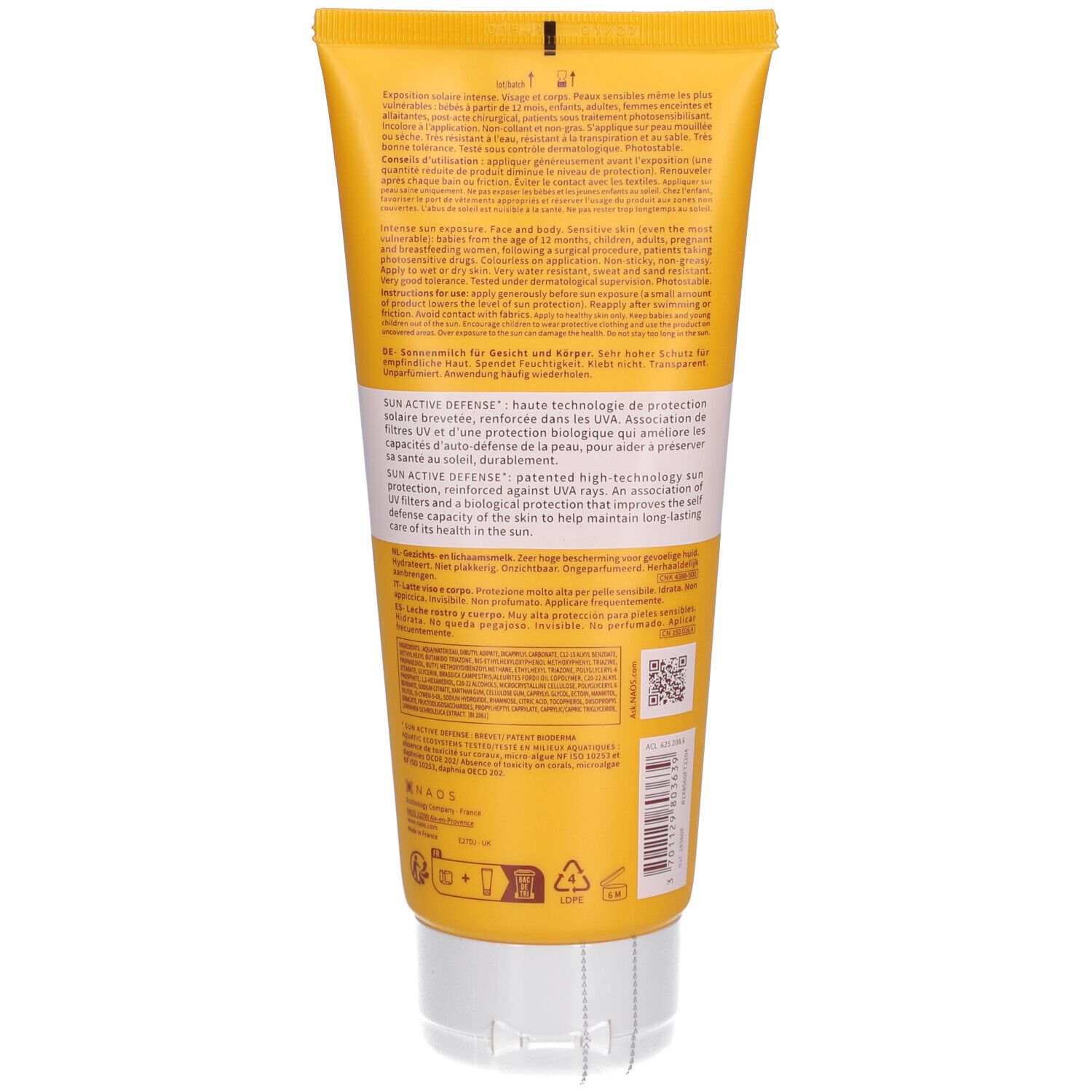 Dos du tube jaune BIODERMA Photoderm Lait ULTRA SPF50+. Texte et informations sur le produit.